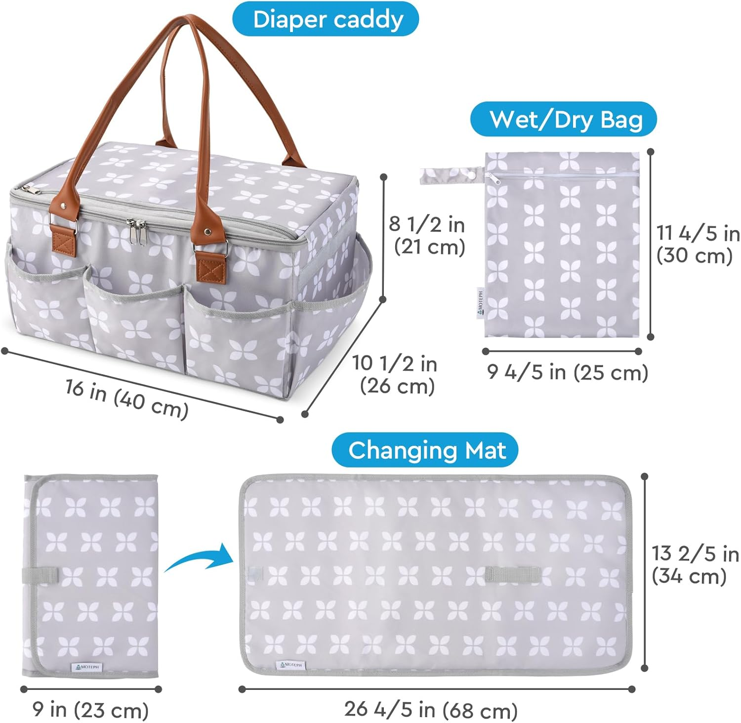Moteph Diaper Caddy Organizer - Baby Caddy with Lid & Changing Mat, Car Diaper Caddy, Large Nursery Storage Diaper Tote Basket for Changing Table with Zip-Top Cover, Great for Baby Showers - Grey image number 2