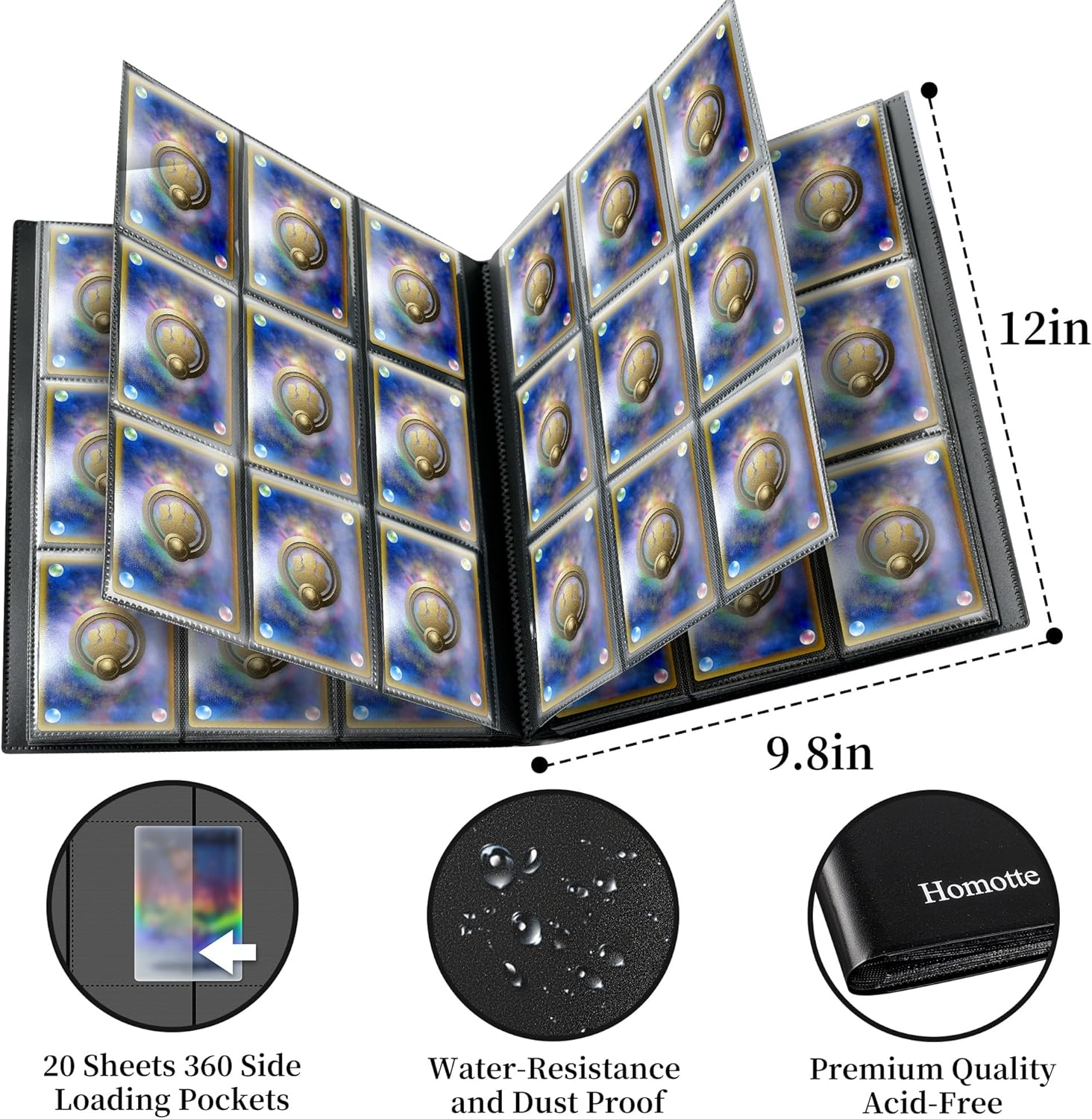 Trading Cards Binder, 9 Pocket Baseball Football Binder 360 Side Loading Trading Card Holder, Standard Size Card Organize Album for Sports TCG(BLACK) image number 1