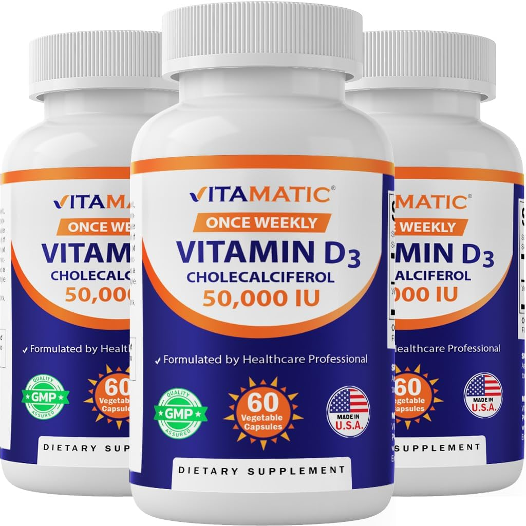 3 Pack -Vitamatic Vitamin D3 50,000 IU (As Cholecalciferol), Once Weekly Dose, 1250 Mcg, 60 Veggie Capsules 1 Year Supply, Progressive Formula Helping Vitamin D Deficiencies image number 3