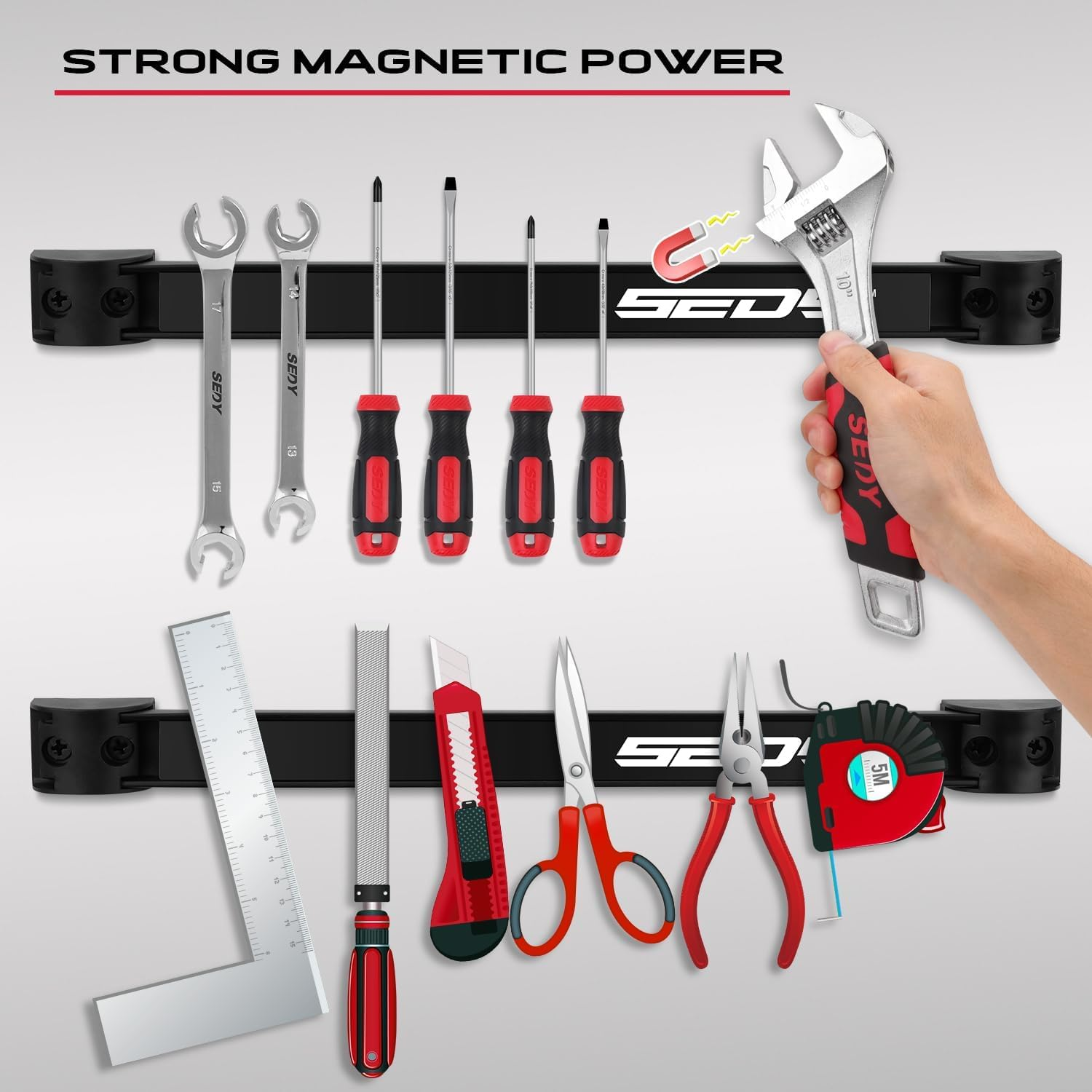 Magnetic Tool Holder Storage Organizer: 7-Piece Garage Wall Mount Rack Organization Strip Power Magnet Organizers Mounted Workbench Board Slatwall Van Hanger image number 6