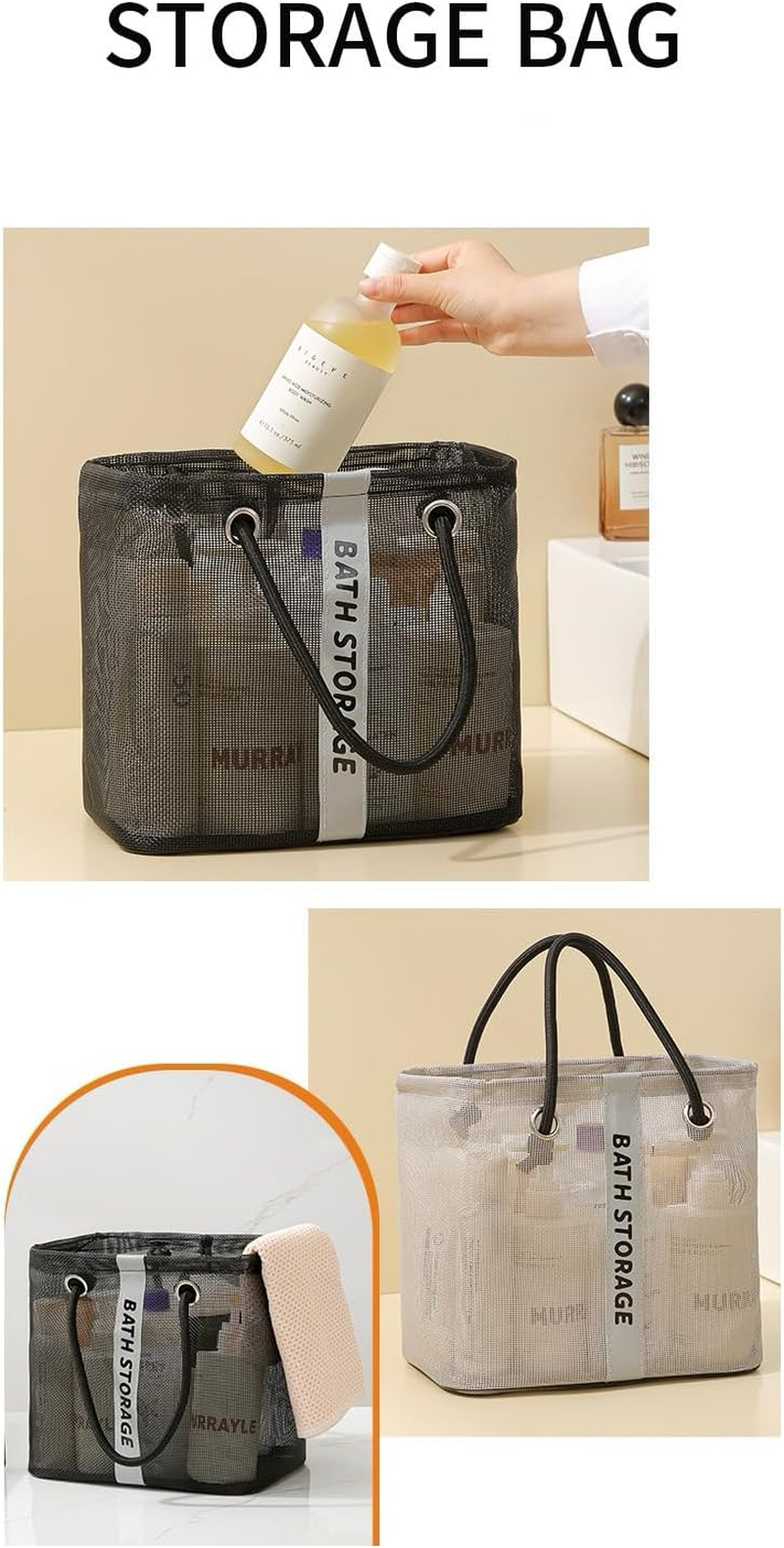 2 Pack Mesh Shower Caddy Tote, Black & Gray Bath Storage Organizer with Handles for Toiletries, Bathroom, Dorm, Travel image number 5