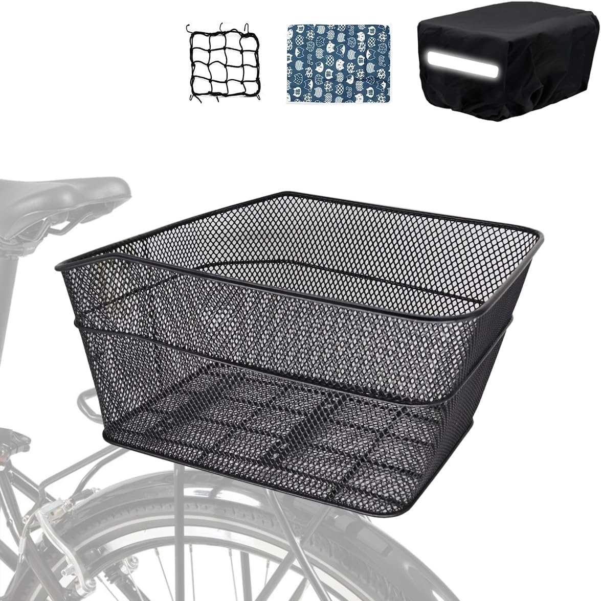 MATTISAM Bike Basket Rear, [Tool-Free Install], Bike Rack Basket for Pet, Metal Wire Bike Cargo Basket, Bicycle Basket for Back of Bike, with Waterproof Cover, Cargo Net image number 1