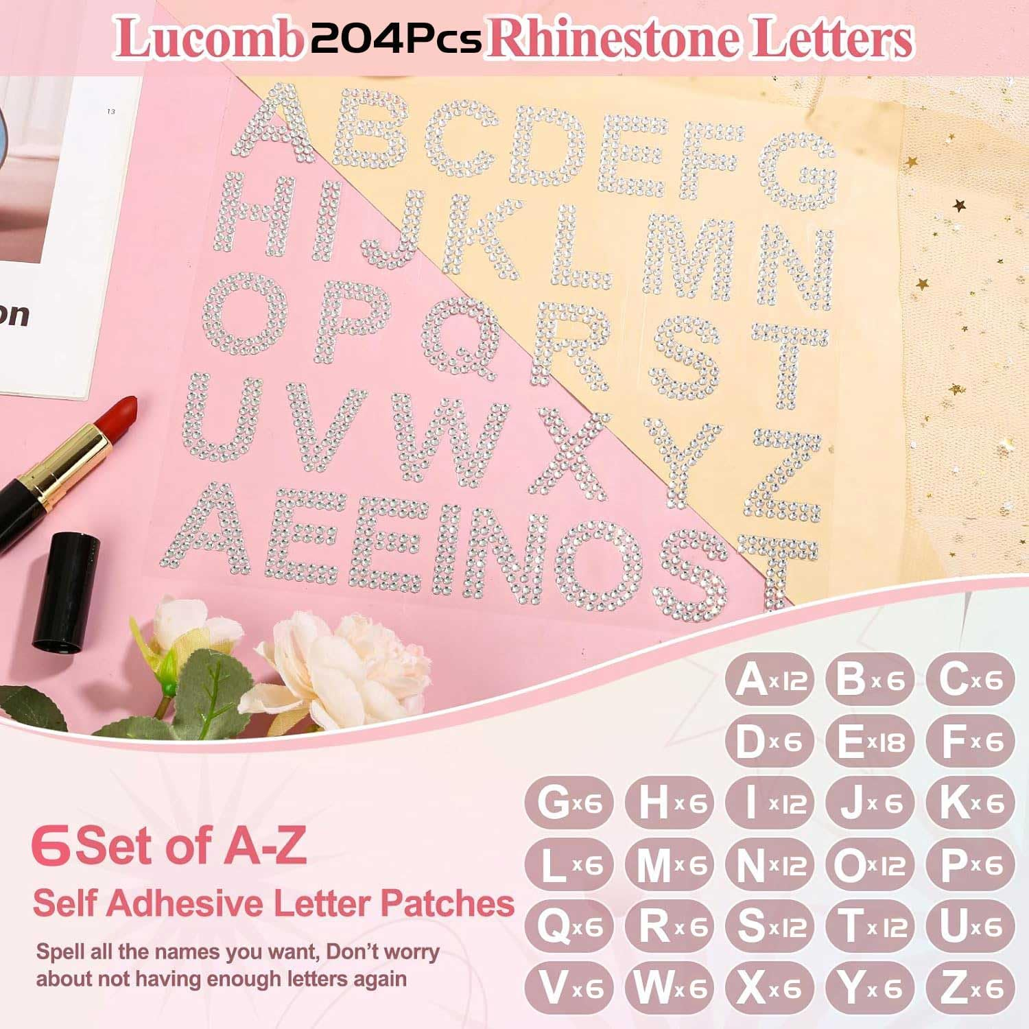 204 Pieces Rhinestone Letters Stickers, 6 Sheets Glitter Self Adhesive Diamond Alphabet Stickers Silver Bling Crystal Letter Stickers Gemstone Border Stickers for DIY Craft Decors (Golden) image number 3