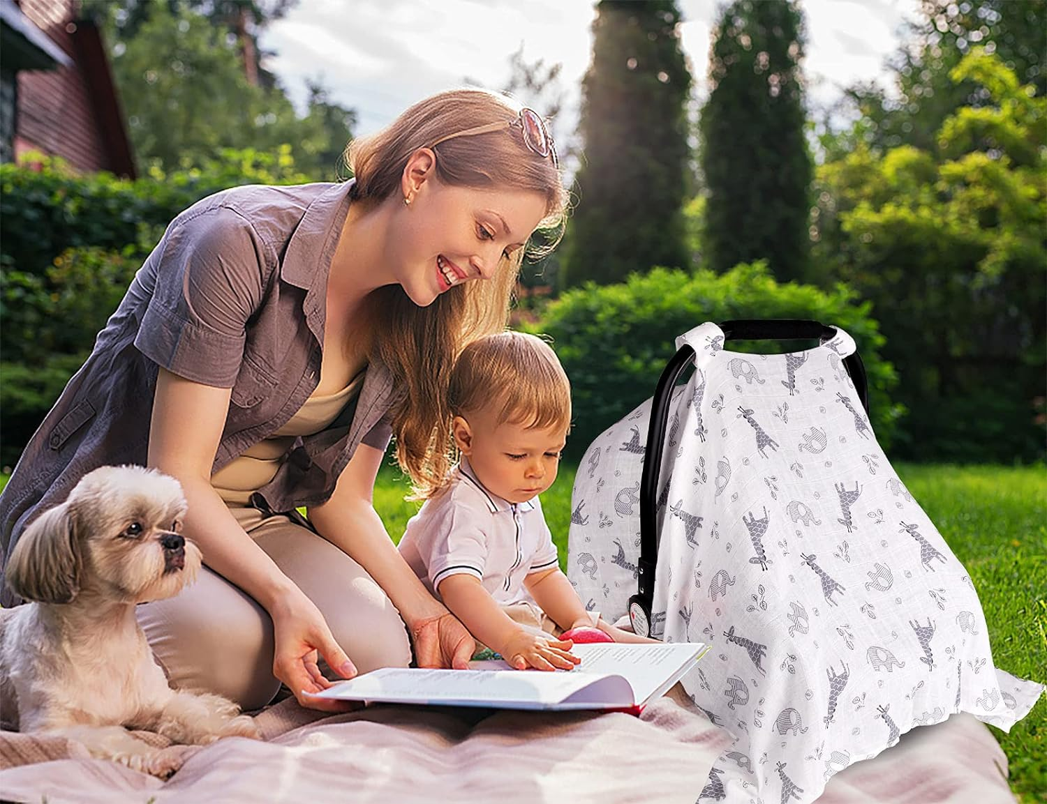 Baby Car Seat Covers for Boys Girls, Metplus Muslin Infant Carseat Canopy, Lightweight Breathable Newborn Carrier Canopies Stroller Cover, Universal Fit Large Size 47.2 X 35.4 Inch, Elephant Giraffe image number 2