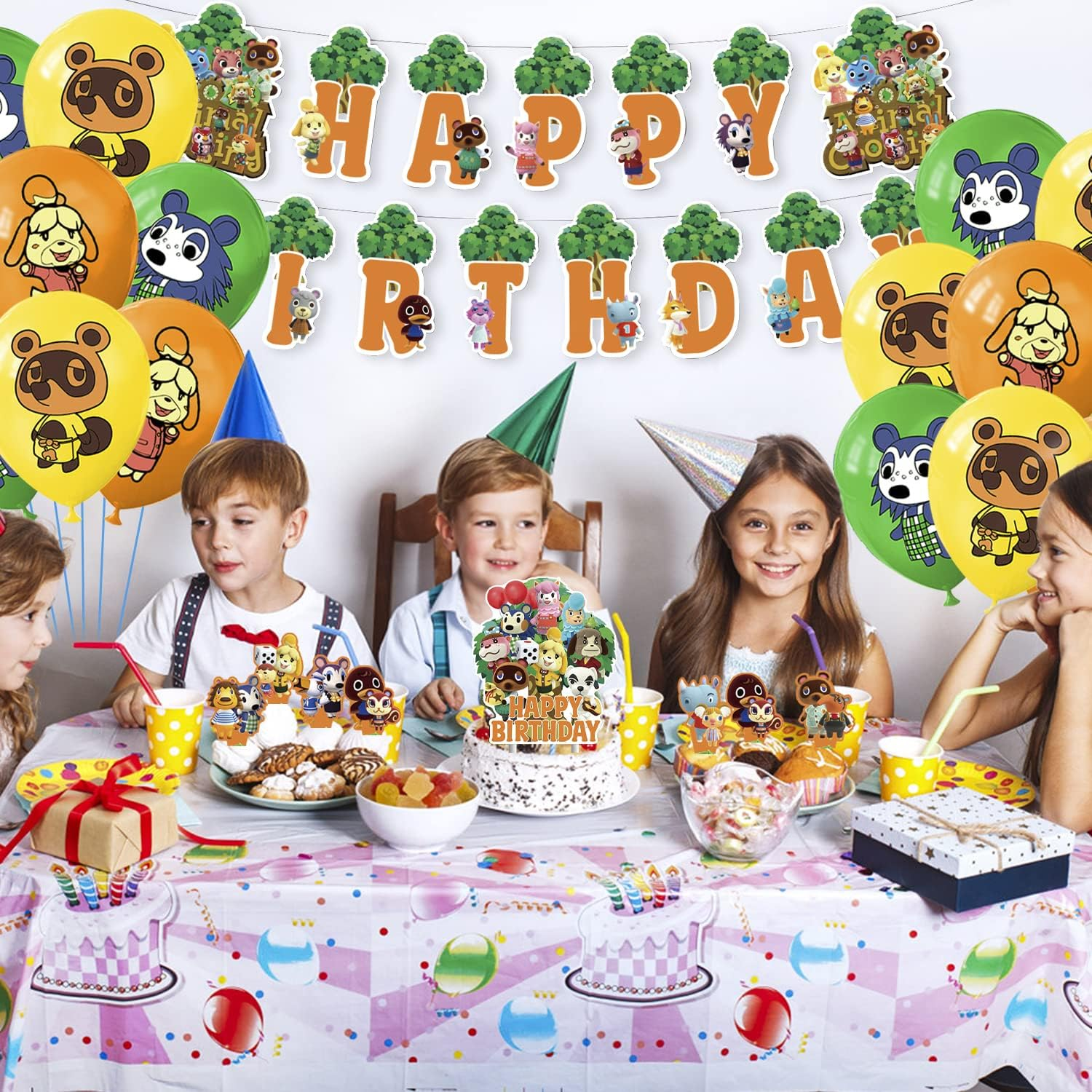 Animal Crossing Birthday Decoration, 32 Pieces, Animal New Horizons Birthday Balloons, Animal New Horizons Theme Birthday Banner, Animal Crossing Cake Topper, for Children'S Birthday Decoration