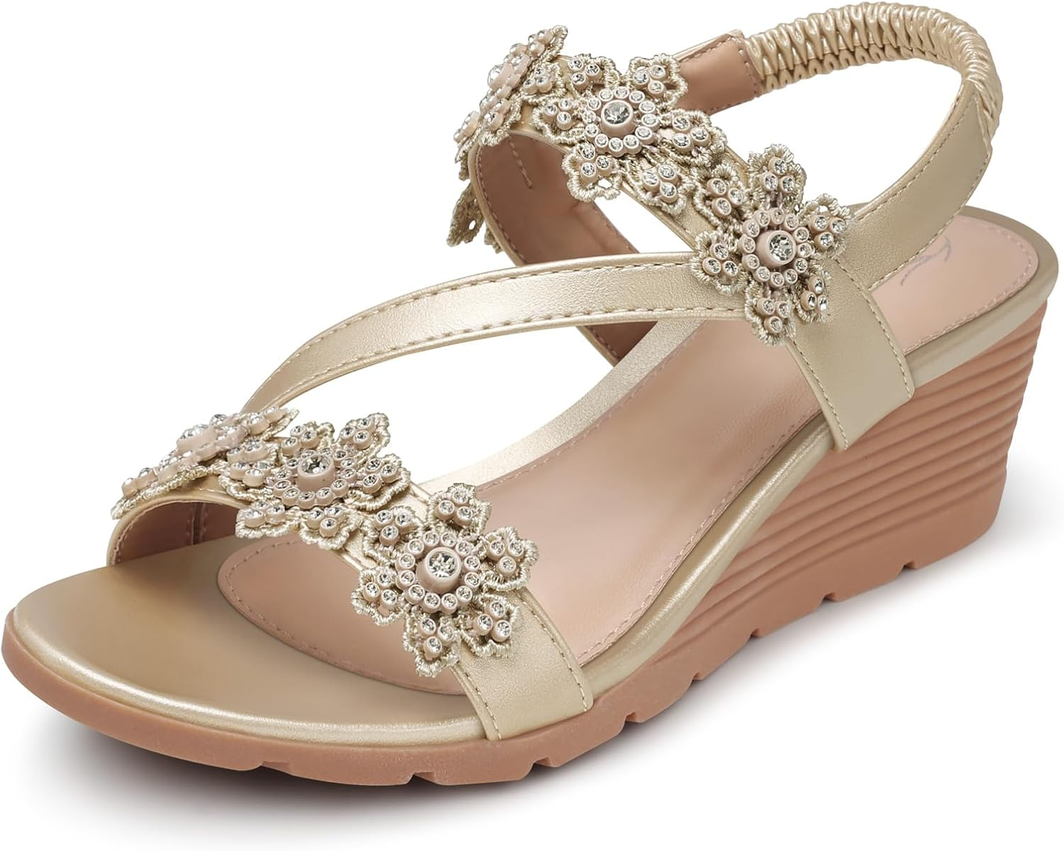 SHIBEVER Womens Sandals Wedge Summer: Elastic Ankle Strap Open Toe Wedge Sandal - Dressy Sandals Women - Comfortable Flower Bohemia