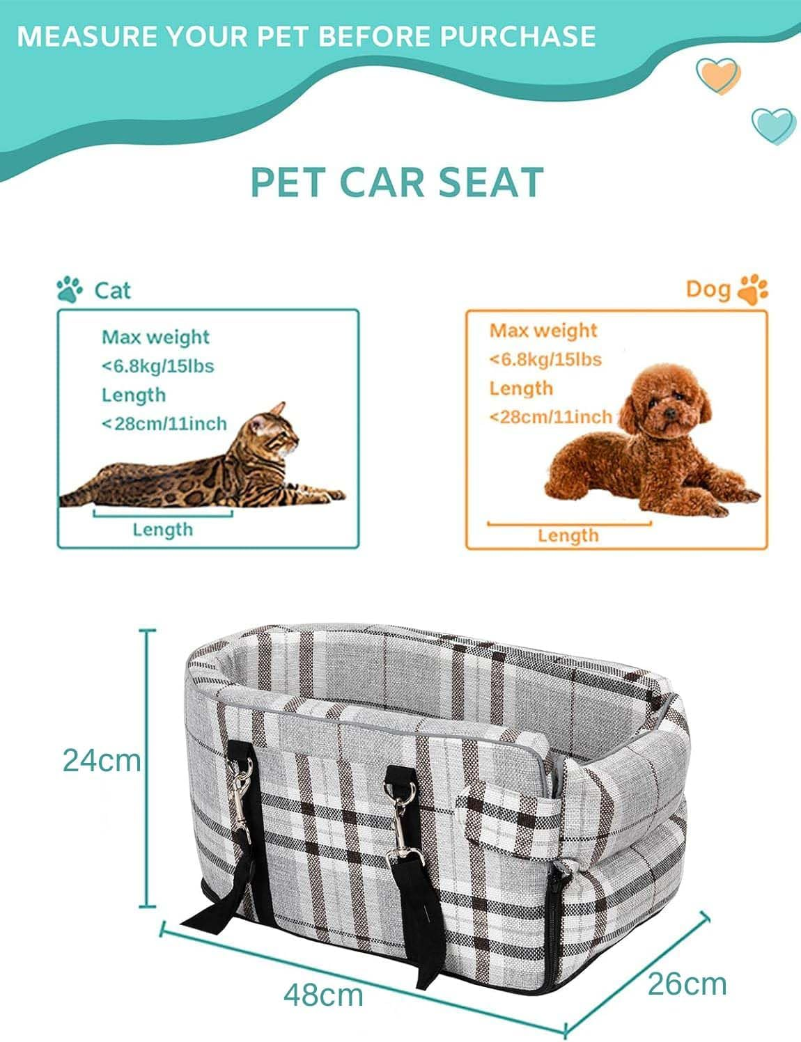 Pet Car Seat for Small Dogs and Puppies &ndash; Anti-Collapse Center Console Seat with Soft Cushion and Safety Belt, Portable Armrest Seat for Pets up to 7 Kg (Grid-Grey) image number 1