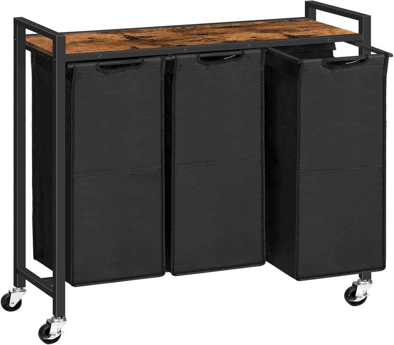 HOOBRO Laundry Sorter 3 Section,Rolling Laundry Hamper with Wheels, 3 &times; 11.5 Gal (43.5 L), Pull-Out and Removable Oxford Fabric Laundry Bags, Rustic Brown and Black BF76XY01 image number 6