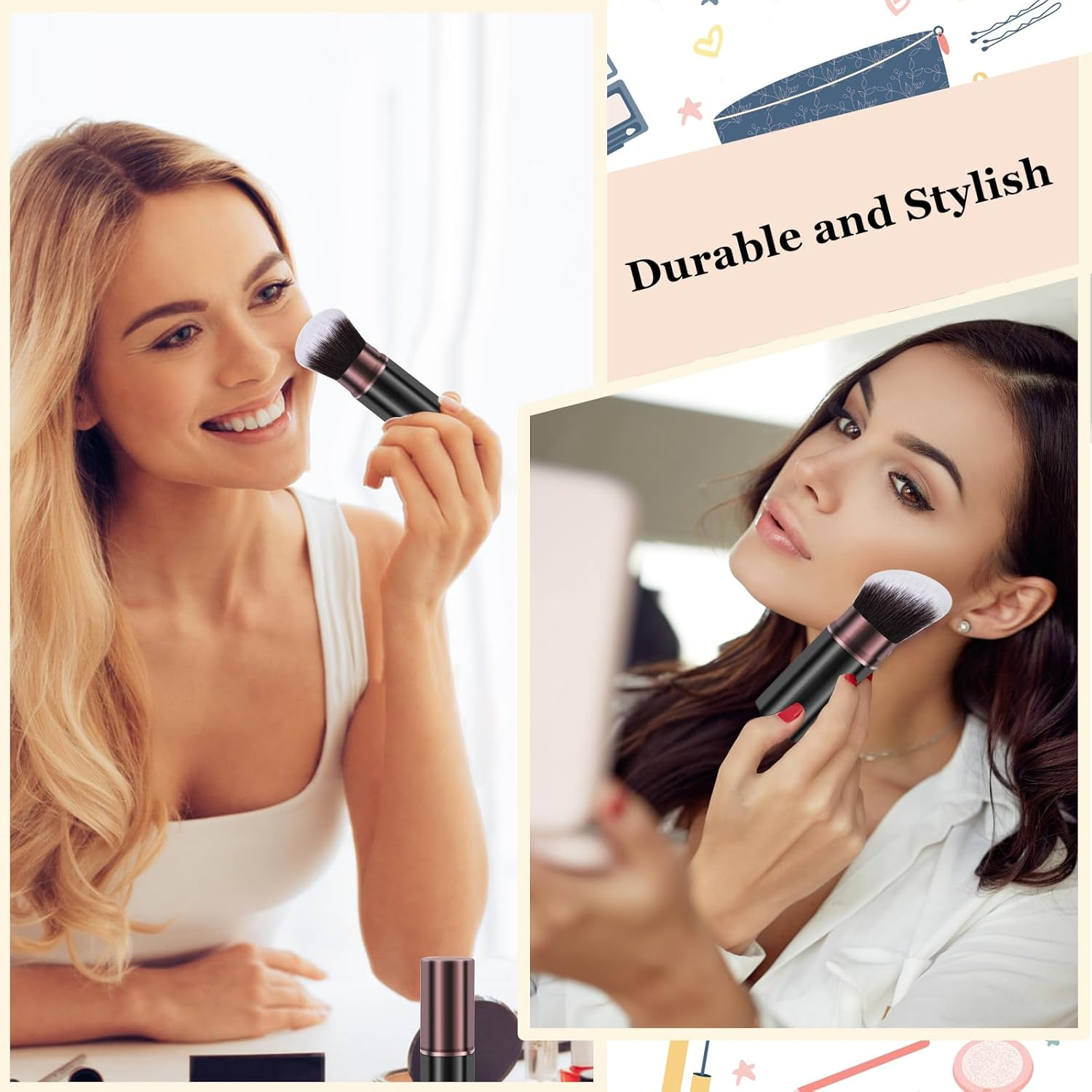 Keriloo Retractable Kabuki Makeup Brush, 2 Pack Travel Powder Foundation Makeup Brush Face Blush Brushes for Blending Liquid, Blush, Bronzer, Buffing, Sunscreen,Flawless Cosmetics image number 1