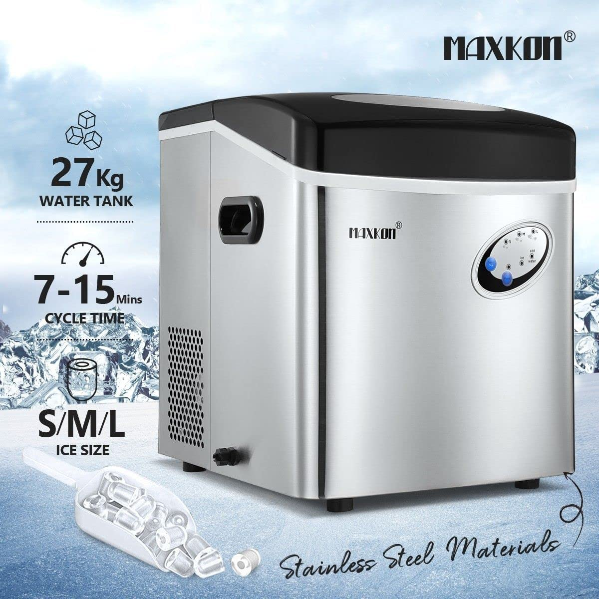 Maxkon Portable Ice Makers Make 27Kg Ice in 24 Hrs,Ice Cube Rready in 7-15 Mins, 4.5L Ice Machine with Ice Scoop, 3 Sizes of Bullet Ice for Home Commercial Benchtop Fast Freezer, 4.5L/27Kg-Silver image number 4
