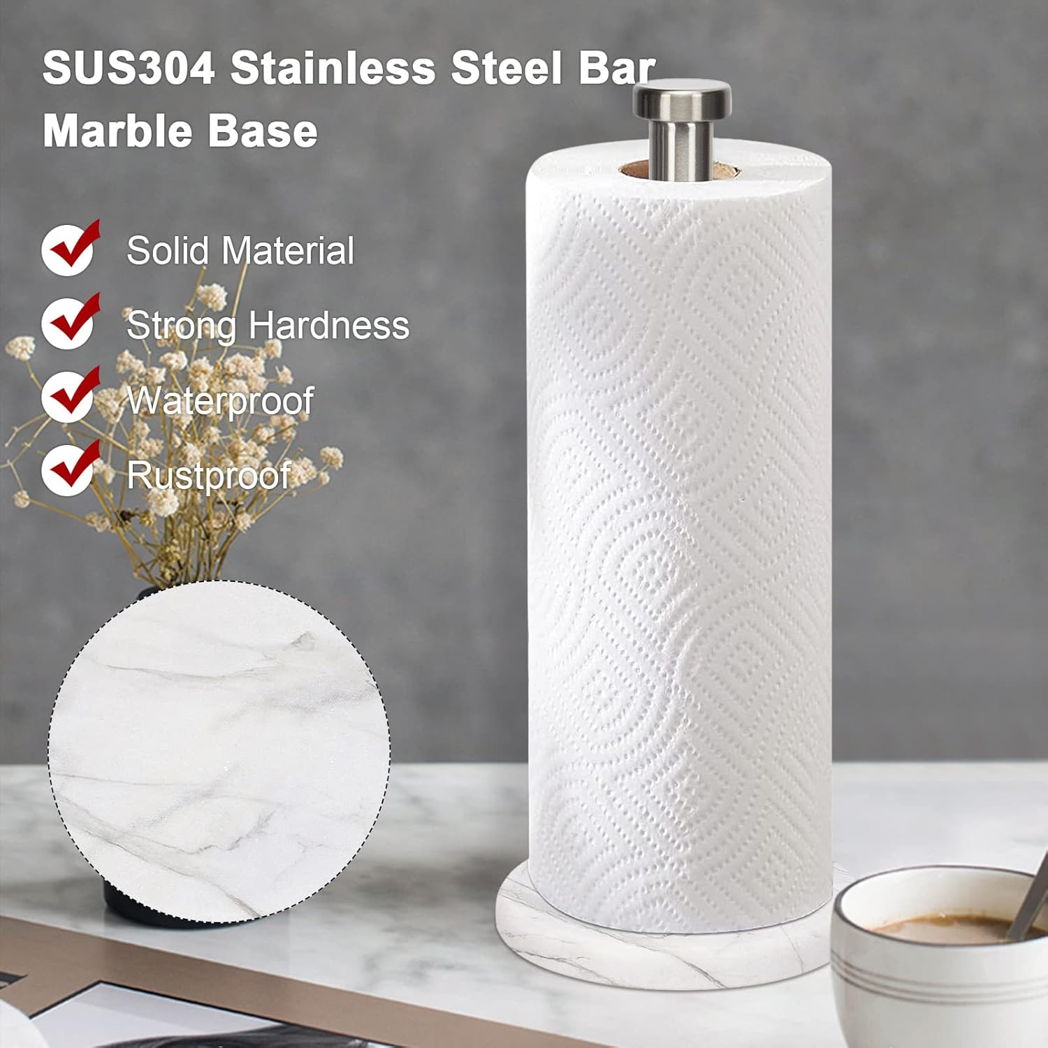Nearmoon Standing Paper Towel Holder, Kitchen Paper Towel Tissue Holder- for Bathroom Kitchen Countertop, Standard or Jumbo-Sized Roll Paper (With Marble Base, Brushed Nickel)