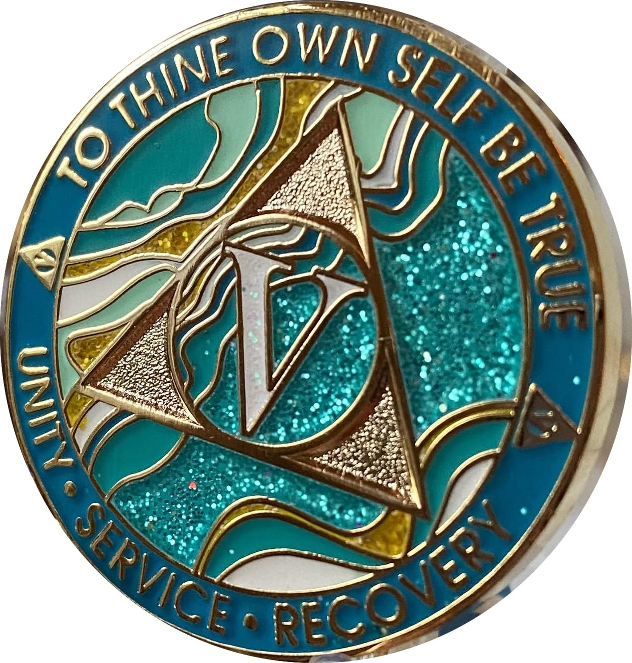5 Year AA Medallion Elegant Marble Caribbean Aqua Glitter Blue Gold Plated Chip image number 1