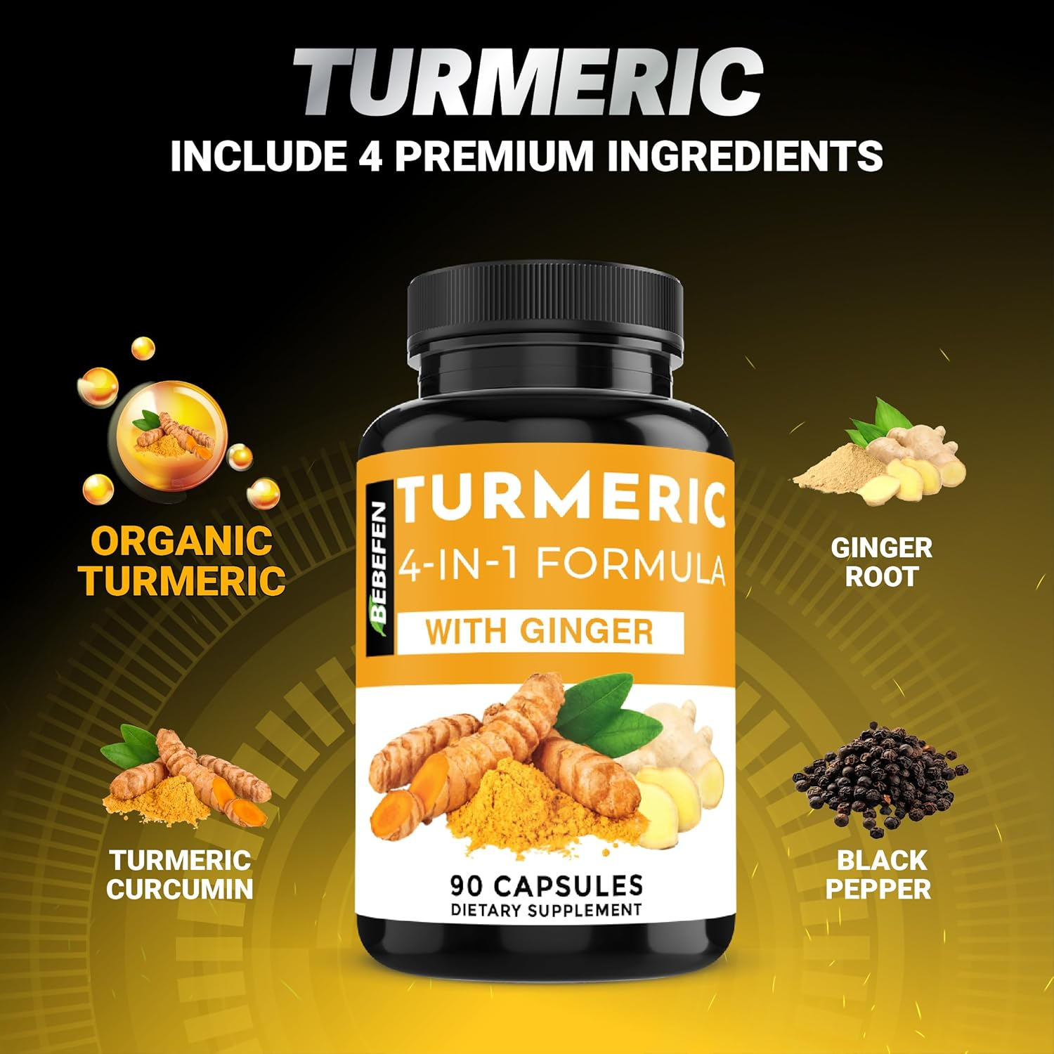 Turmeric Curcumin Supplement with Ginger | 95% Curcuminoids | and Black Pepper - 4In1 Turmeric Capsules - 90 Capsules image number 5