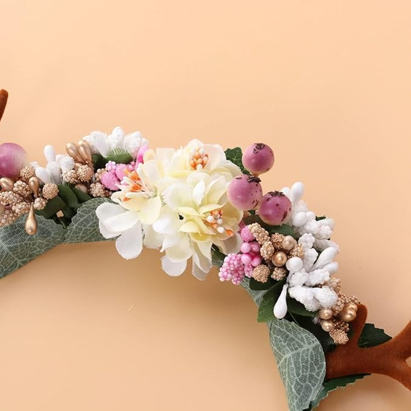 Christmas Headband Deer Antler Hair Hoop with Flowers Headpiece Headware for Girl Women Party image number 1