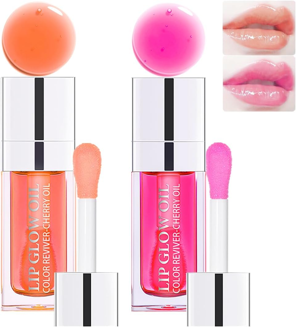 2 Colors Hydrating Plumping Lip Glow Oil - Moisturizing Gloss, Transparent Glossy Primer, Tint for Care and Dry Lips (006#+020#)