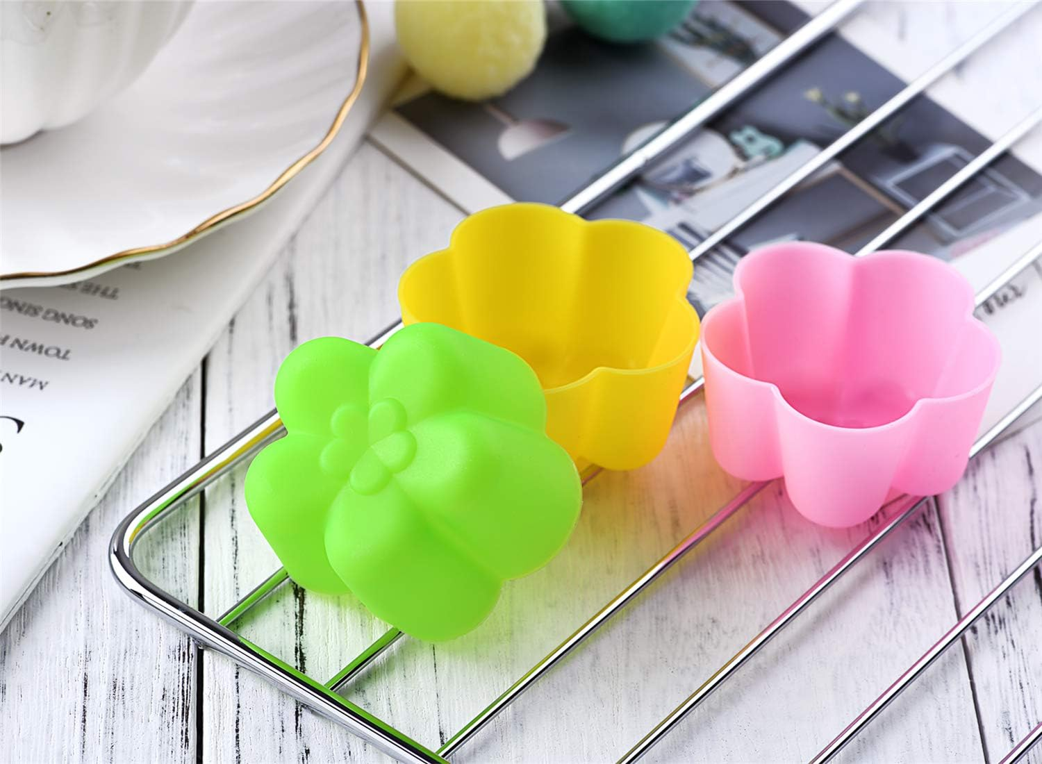 Reusable Non-Stick Silicone Baking Cups - Mini Cupcake Liners, Muffin Cups, Chocolate Holders, Truffle Cups - 24 Pack, 6 Vibrant Colors, Flower Shape