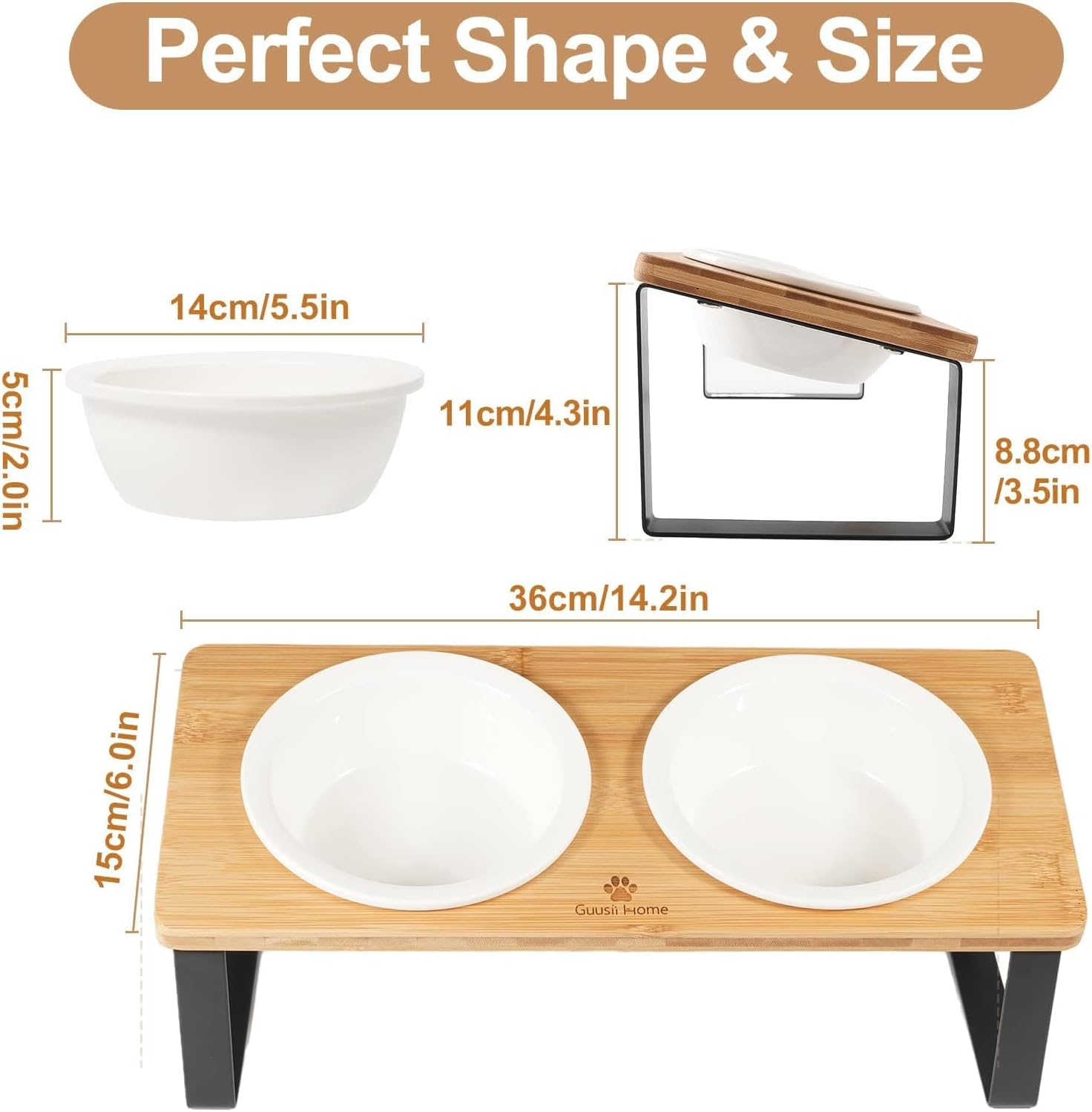 MEKAPLE Ceramic Elevated Cat Bowls, Elevated Puppy Bowls for Food & Water &ndash; 5.5-Inch Wide Bamboo Stand with Tilted Design to Prevent Vomiting, Orthopedic Double Dish for Indoor Use (Wooden Finish) image number 1