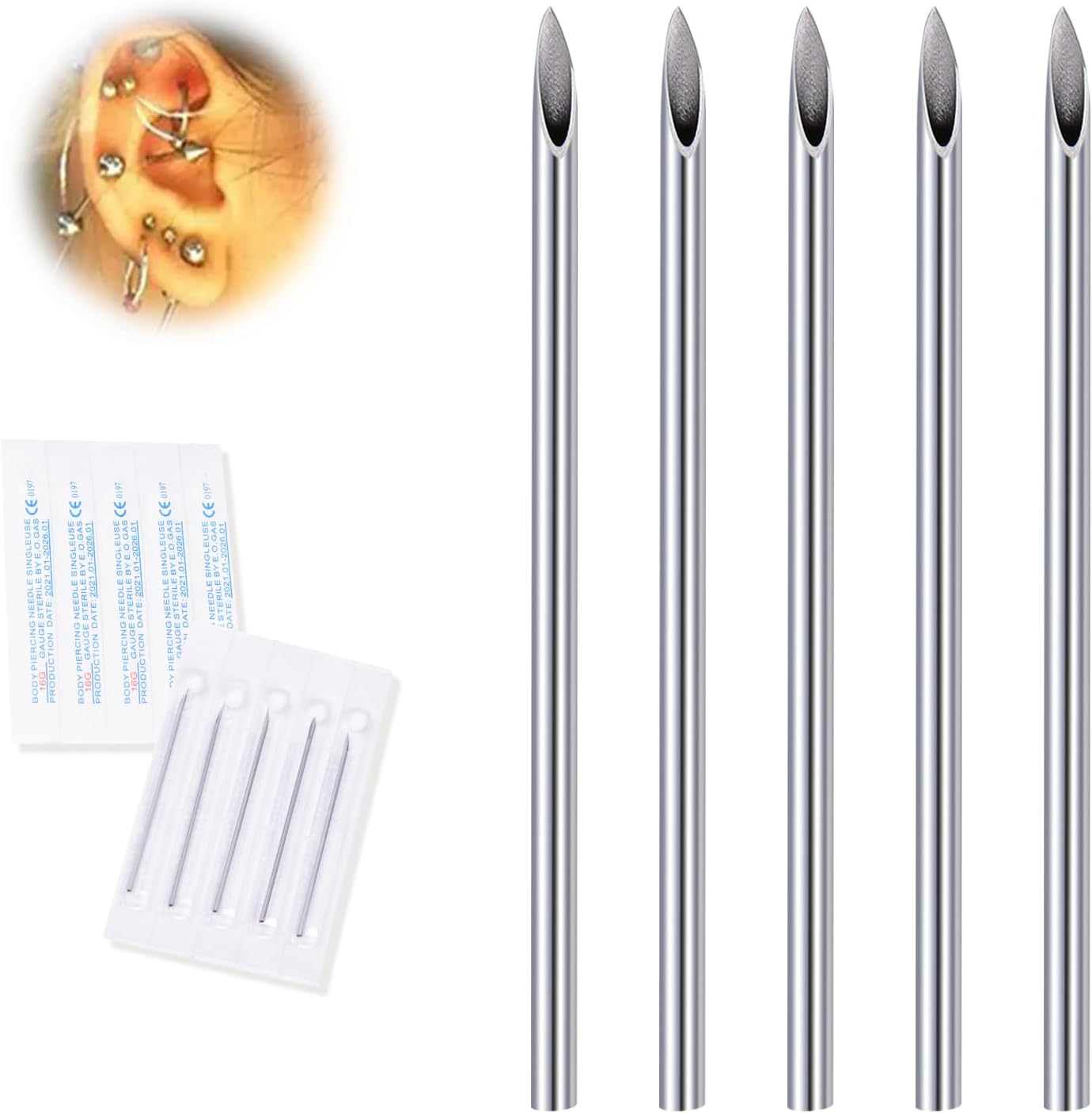 16G Body Piercing Needles,10Pcs DJCIW Sterile Disposable Stainless Steel Needles for Ear, Nose, Navel, Nipple, Lip -Ultra Sharp