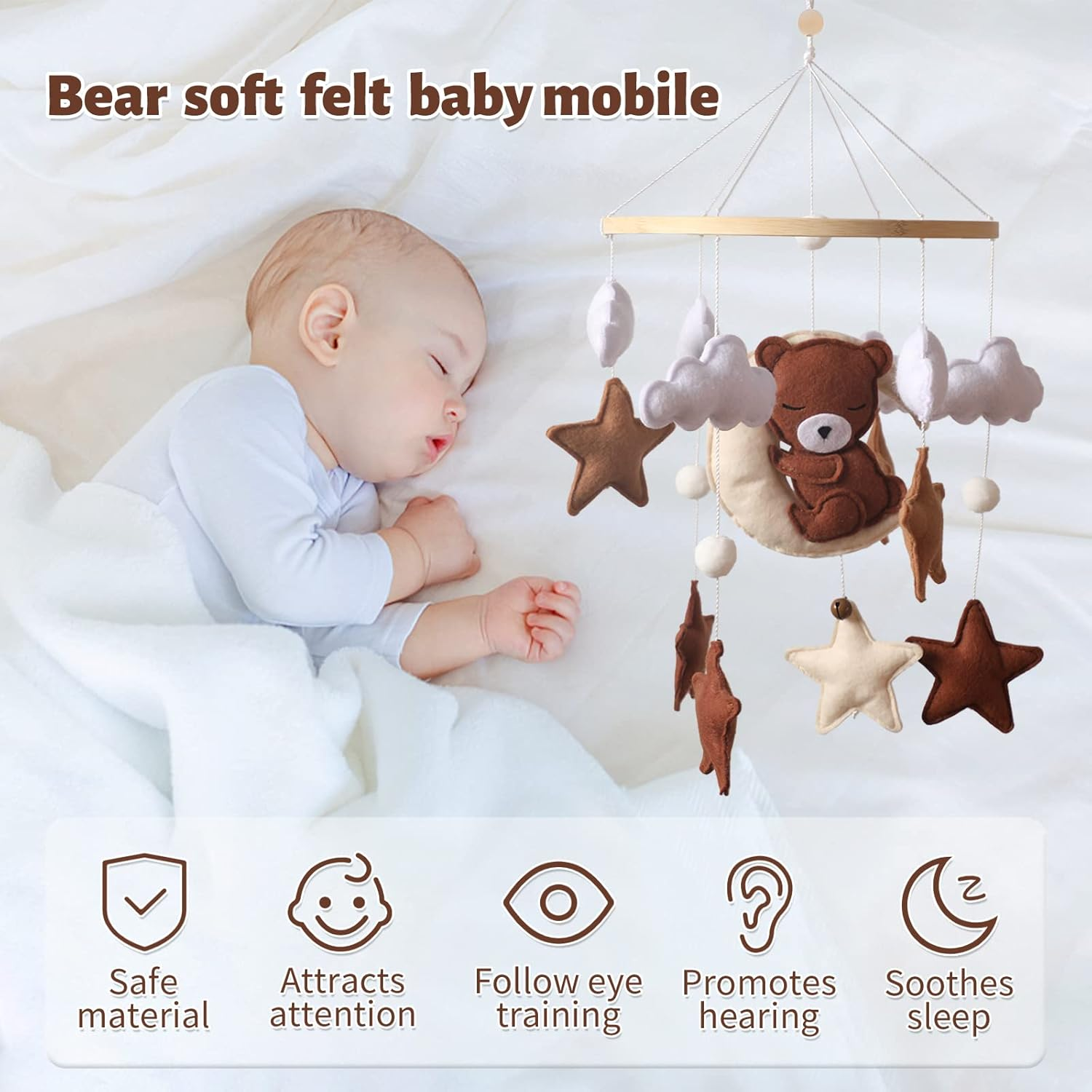 Promise Babe Mobile Baby Wind Chimes Clouds Star Moon Baby Mobile with Bear Handmade Wooden Crochet Animal Wind Chime Bed Bell Pendant for Hanging Baby Bed Nursery Changing Table Playpen Decoration - Felt Elephant Mobile image number 4