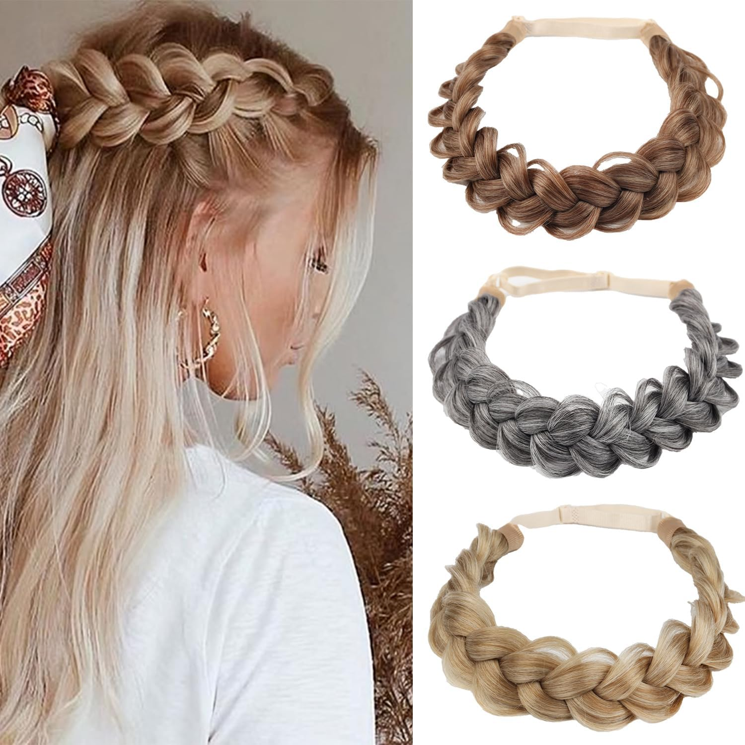 Synthetic Hair Braided Headband Classic Wide Strands Wedding Disorderly Fluffy Braids Wig Band Women Beauty Accessory (Grey, One Size) image number 2
