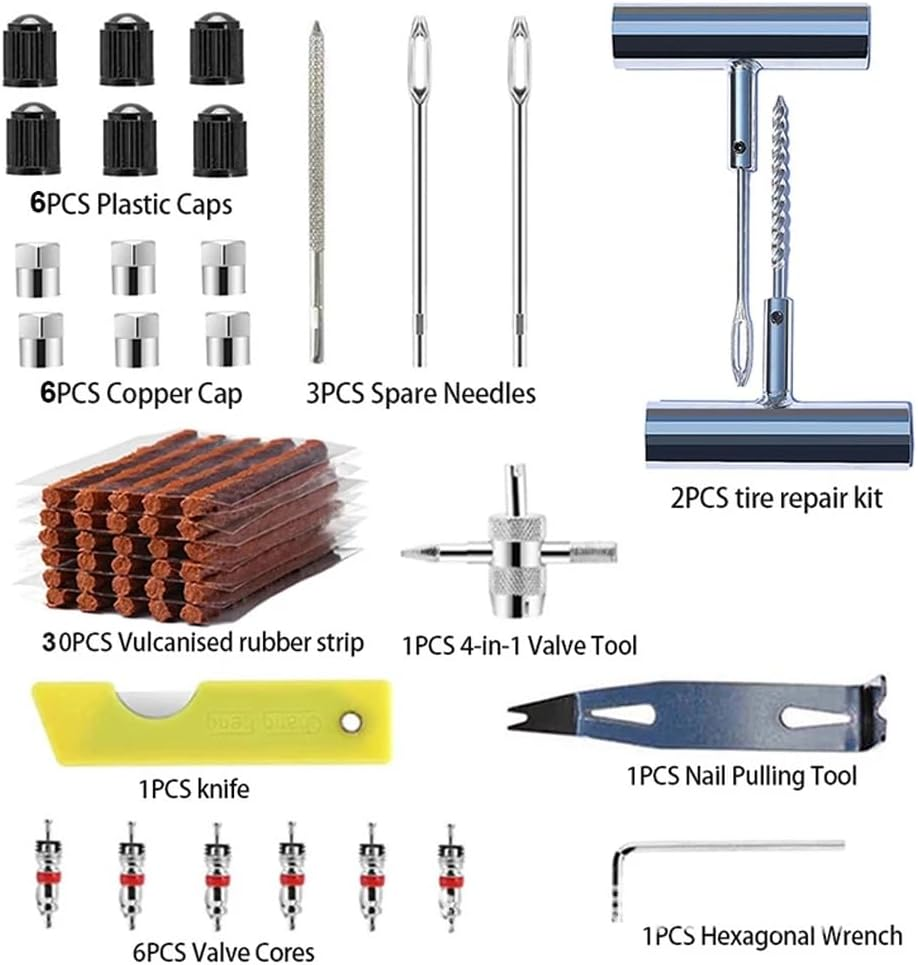 57 Piece Tyre Repair Kit, Heavy Duty Tyre Plug Set, Heavy Duty Tyre Repair Tools and Tyre Repair Kit for Car, Truck, ATV, RV, SUV, Lawn Mower, Motorcycle, Tractor, Trailer