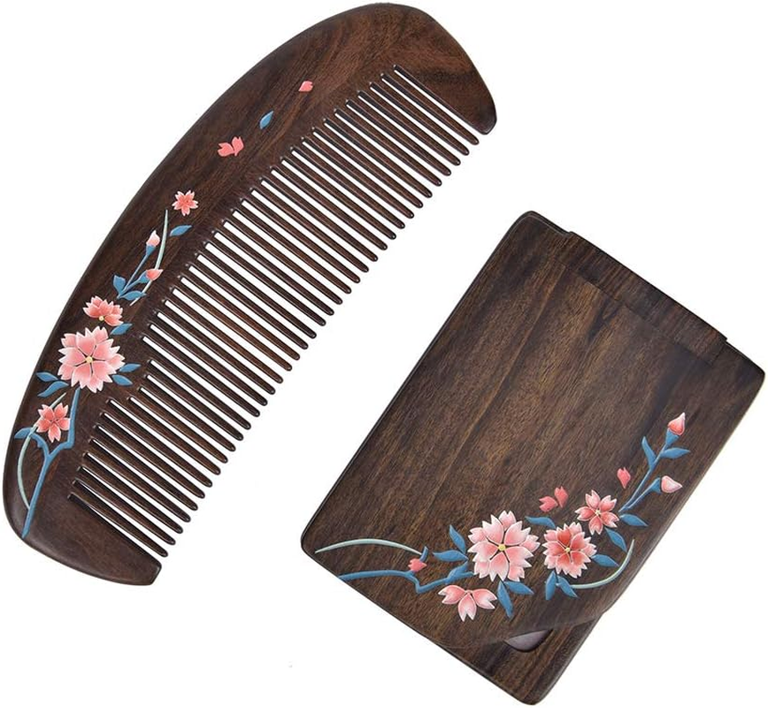 TAN MUJIANG Natural Wooden Comb & Mirror Set - Handcrafted Natural Wooden Haircare Kit with Sakura Design image number 2