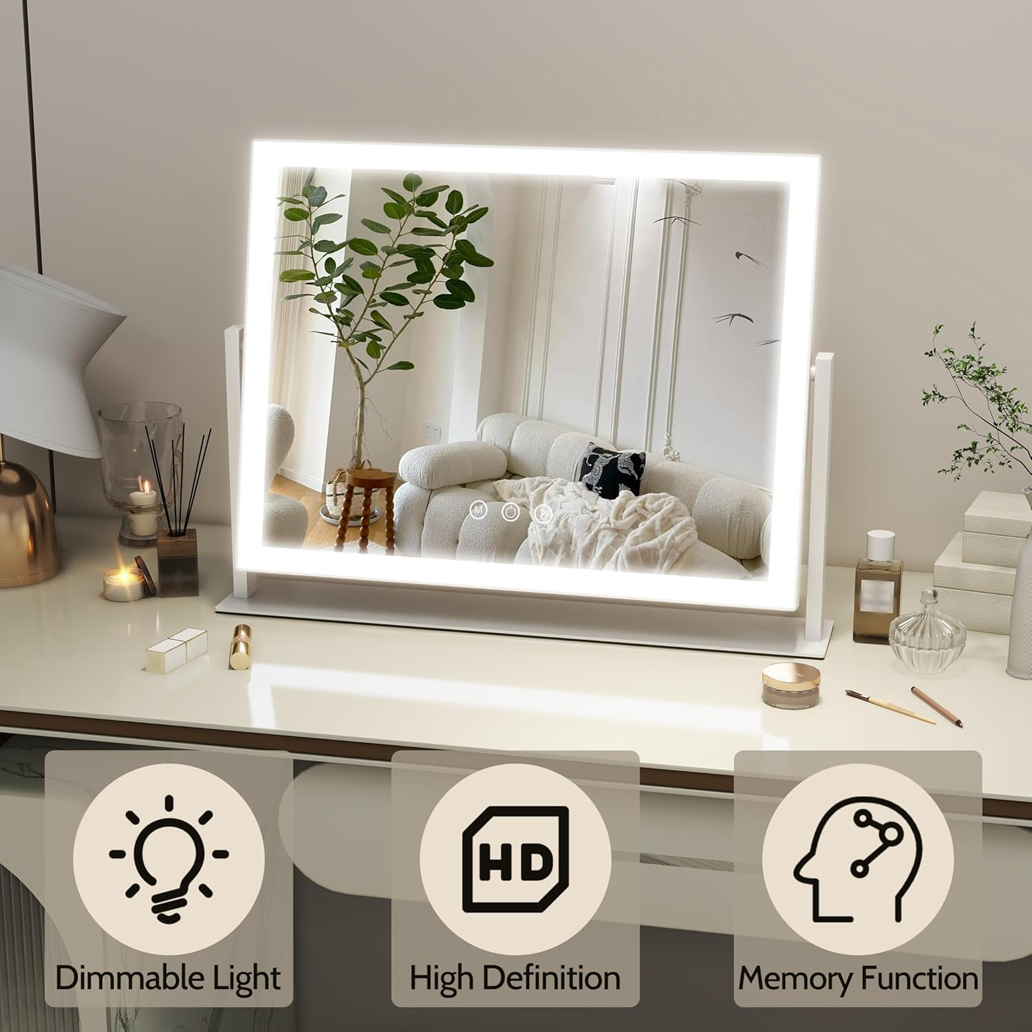 Lighted Makeup Mirror, 41X32Cm Hollywood Vanity Mirror with Lights, 10X Magnification, 3 Color Lighting Modes, Smart Touch Control, 360&deg; Rotation for Bedroom or Tabletop (White) image number 4