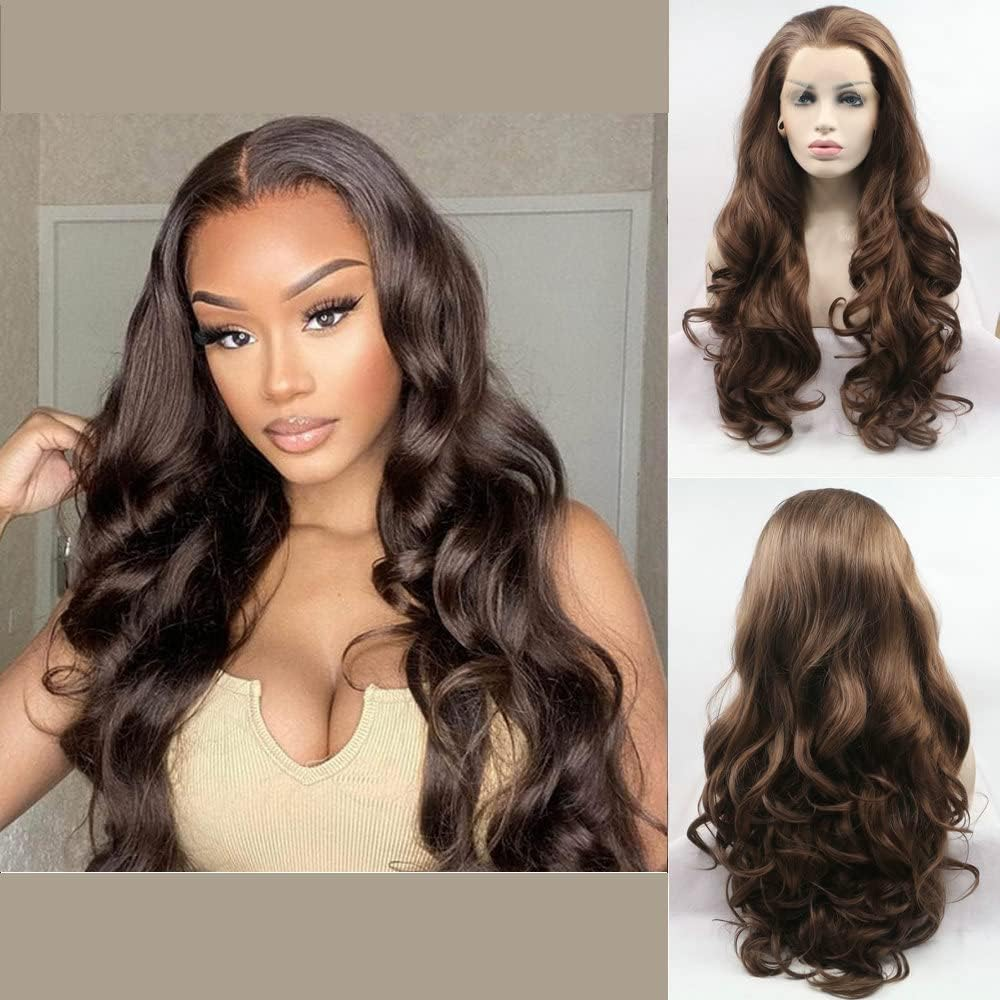 6# Dark Brown Wig Body Wave Heat Resistant Fiber Natural Brown Color Synthetic Lace Front Wigs for Women Natural Looking Synthetic Replacement Wig Daily Cosplay Party Halloween Drag Queen 26" image number 6
