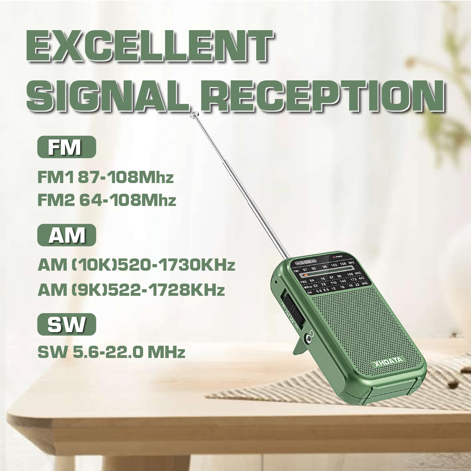 XHDATA D-220 FM Radio for Home Portable MW Shortwave Receiver Battery Operated Small Pocket Speaker Excellent Reception Emergencies Green image number 2
