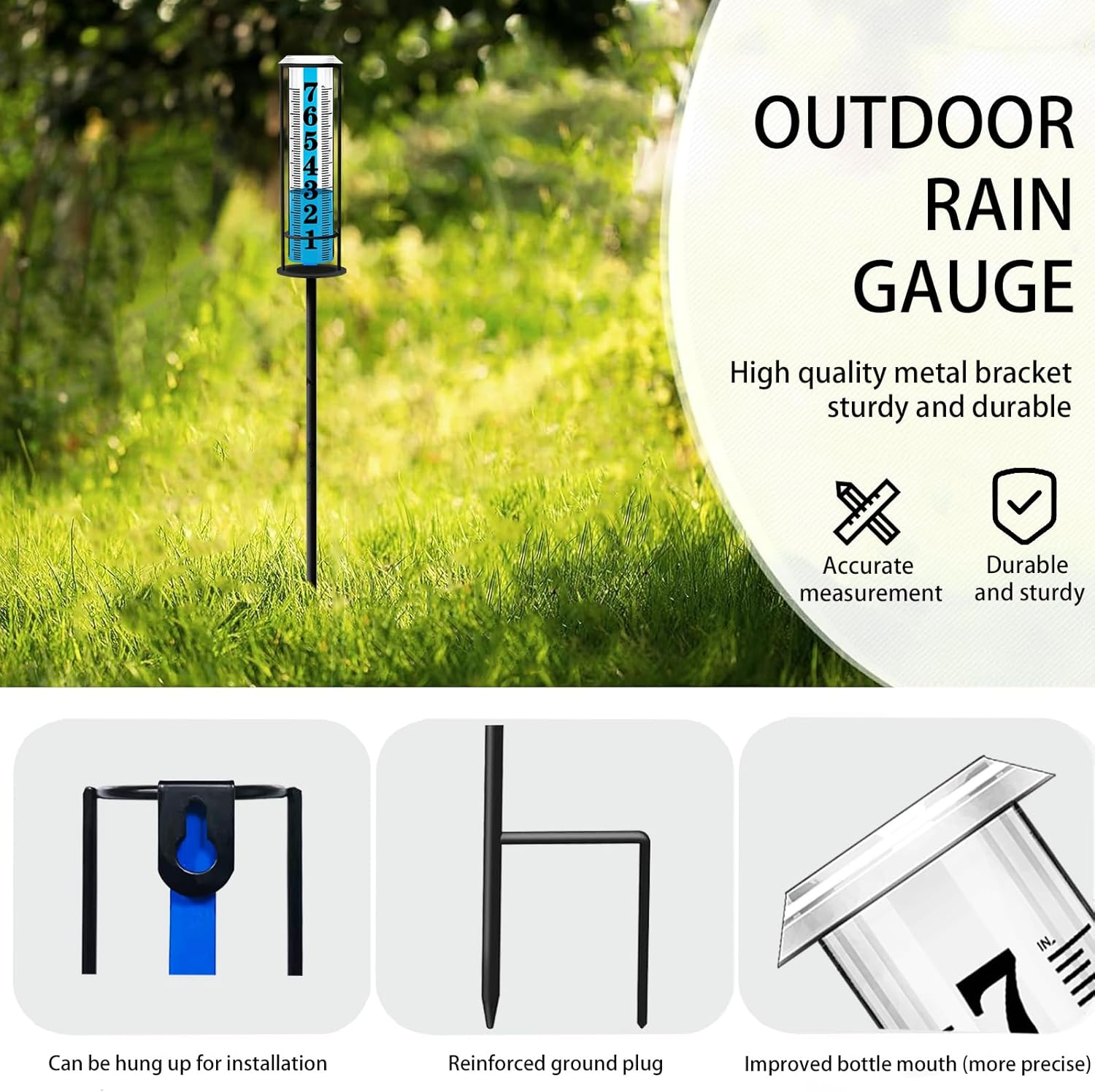 Rain Gauge Outdoor,Accurate Rain Gauges Outdoors Best Rated,Upgraded Freeze Proof Rain Measure Gauge for Yard Fence,Rain Meter with Stake,Large Font Water Gauge for Rain,Adjustable Height,Easy to Read image number 2