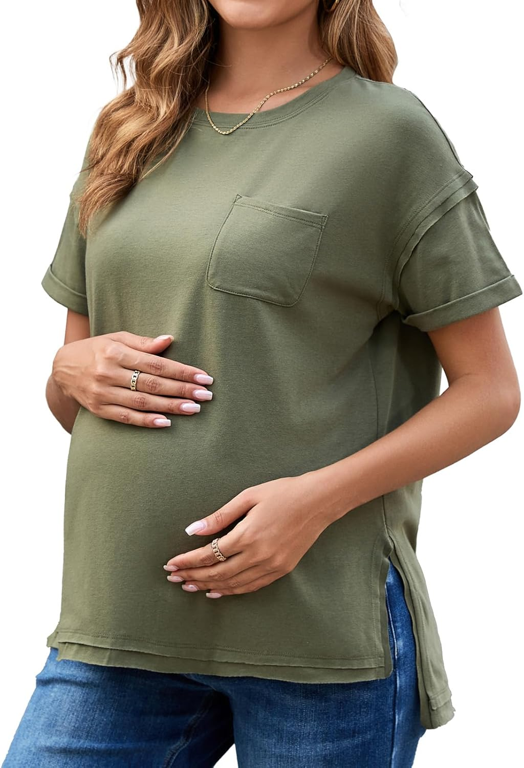 Ecavus Women'S Maternity T-Shirt Oversized Short Sleeve Loose Fit Cotton Blend Pregnancy Top Casual Wear