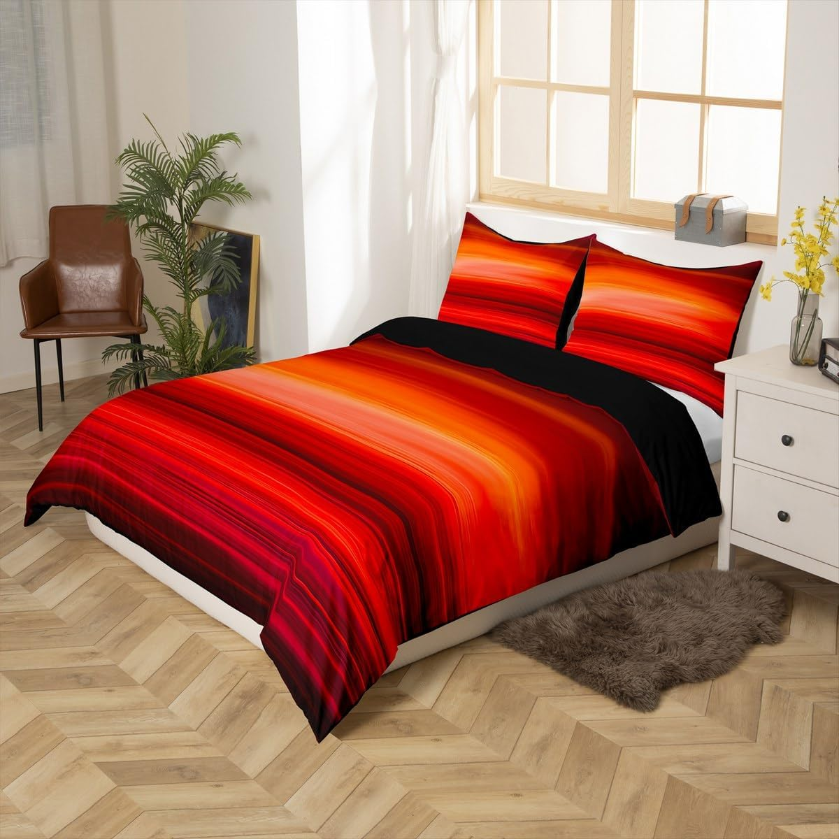 Red Print Comforter Cover Sunset Color Bedding Set Red Tropical Exotic Stripe Duvet Cover for Children Kids Boys Girls Microfiber Modern Design Bedspread Cover Room Decor Bedclothes Queen Size image number 1