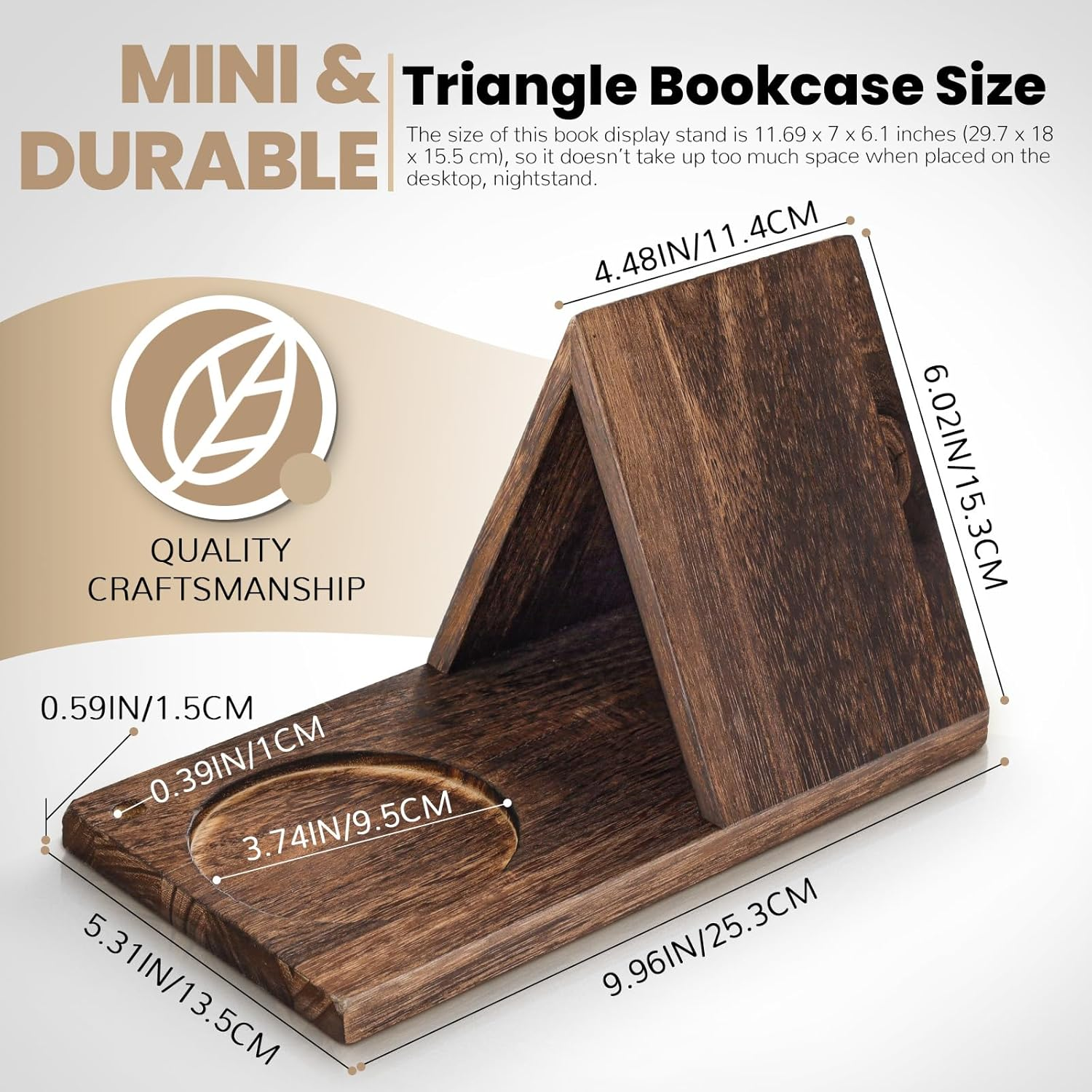 Triangle Wood Book Rest with Cup Holder, Mini Wooden Book Holder Bookcase, Book Stand for Reading, Book Nook Reading Valet for Bedroom Nightstand Office Desk (Brown)