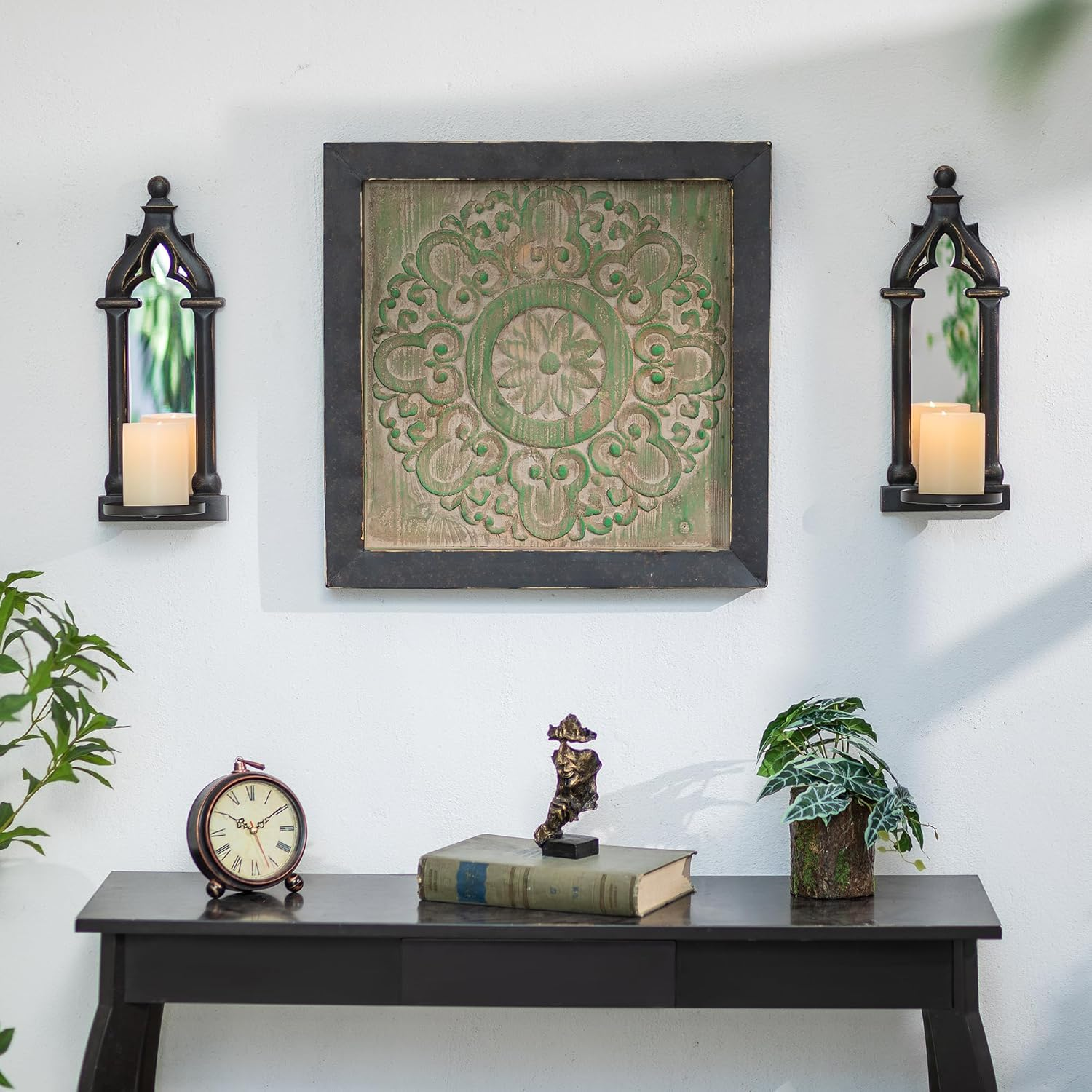 Walasis Candle Sconces Black Wall Decor - Gothic Mirror Wall Candle Holder - Wood Farmhouse Candles Sconce Set of 2 image number 4