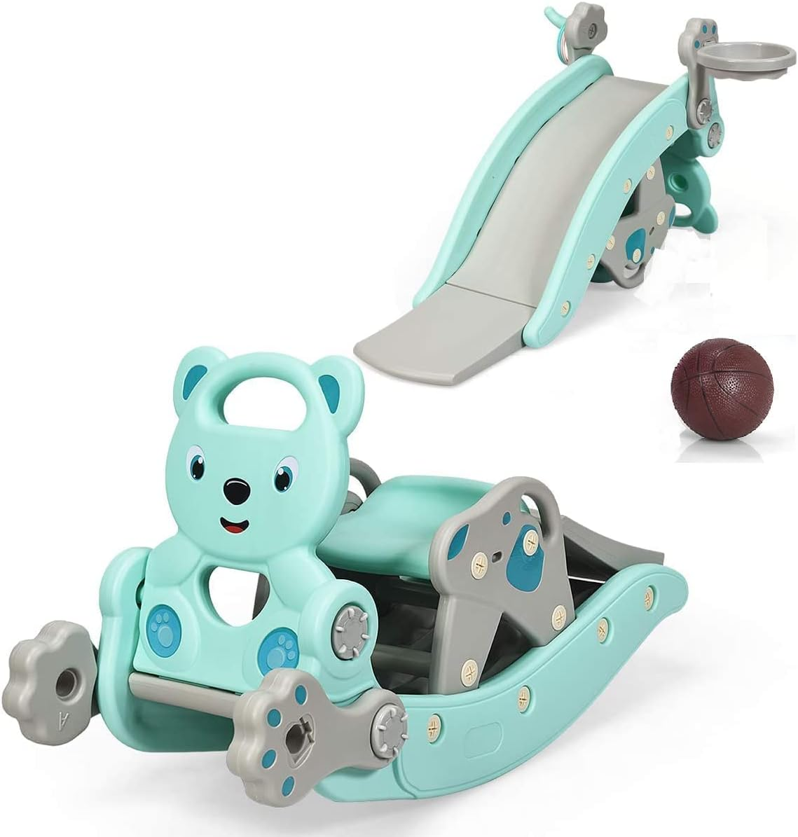 HONEY JOY 4-In-1 Kids Rocking Horse, Portable Toddler Ride on Rocking Toy with Slide, Basketball Hoop & Ring-Toss Game, Foldable Toddler Playground Slide Climber for Boys and Girls (Blue Bear) image number 5