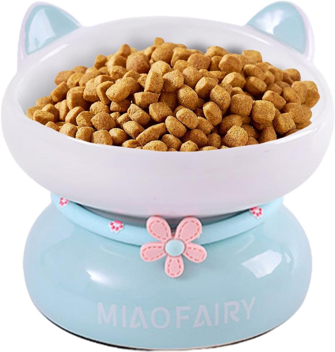 Ceramic Cat Food Bowls - anti Vomiting 15 Degree Tilted Cat Dish | Slanted Mouth, Raised Cat Bowls with Non-Sip Stable Base for Indoor Cats Kittens
