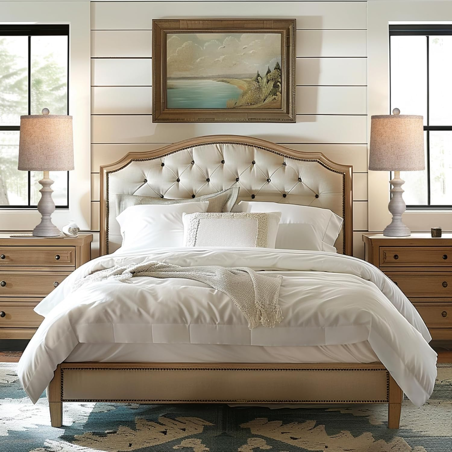 Telfun Traditional Table Lamp Set of 2, Rustic Farmhouse Table Lamps for Living Room Bedroom, 22" Bedside Desk Lamps Vintage Nightstand Lamps with Linen Shades, Antique Grey image number 6