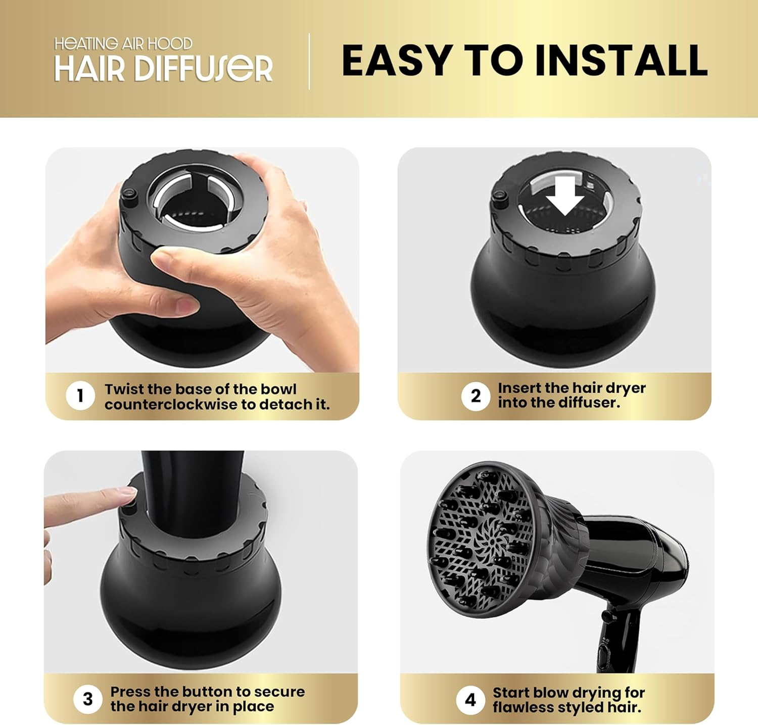 Herbishh Hair Dryer Diffuser Attachment for Even Heat Distribution, Universal Fit for Curly, Thick & Wavy Hair, Reduces Frizz & Adds Volume, Adjustable from 3.5 to 8 Cm (Black) image number 3