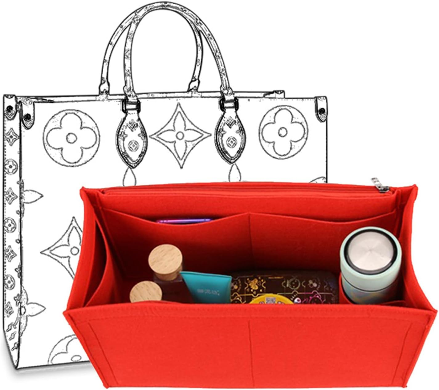 D.DUO Bag Purse Organizer with Zipper, Tote Organizer Insert for LV ONTHEGO (M,(12.2X5X6.7),Red)