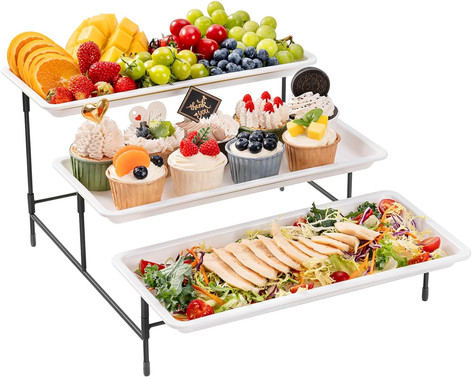Lifewit 3 Tiered Plastic Serving Tray for Party Entertaining, 36&times;17Cm Serving Food Display Platters, Reusable Trays with Collapsible Stable Metal Stand for Veggie, Fruit, Cookies, Dessert, Gold