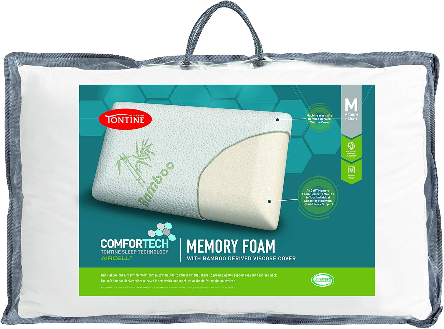 Tontine Comfortech Memory Foam Pillow &ndash; Medium Height and Firm Support for Custom Contouring &ndash; Aircell Memory Foam Moulds to Head and Neck Shape for Pressure Relief and Alignment &ndash; Machine Washable
