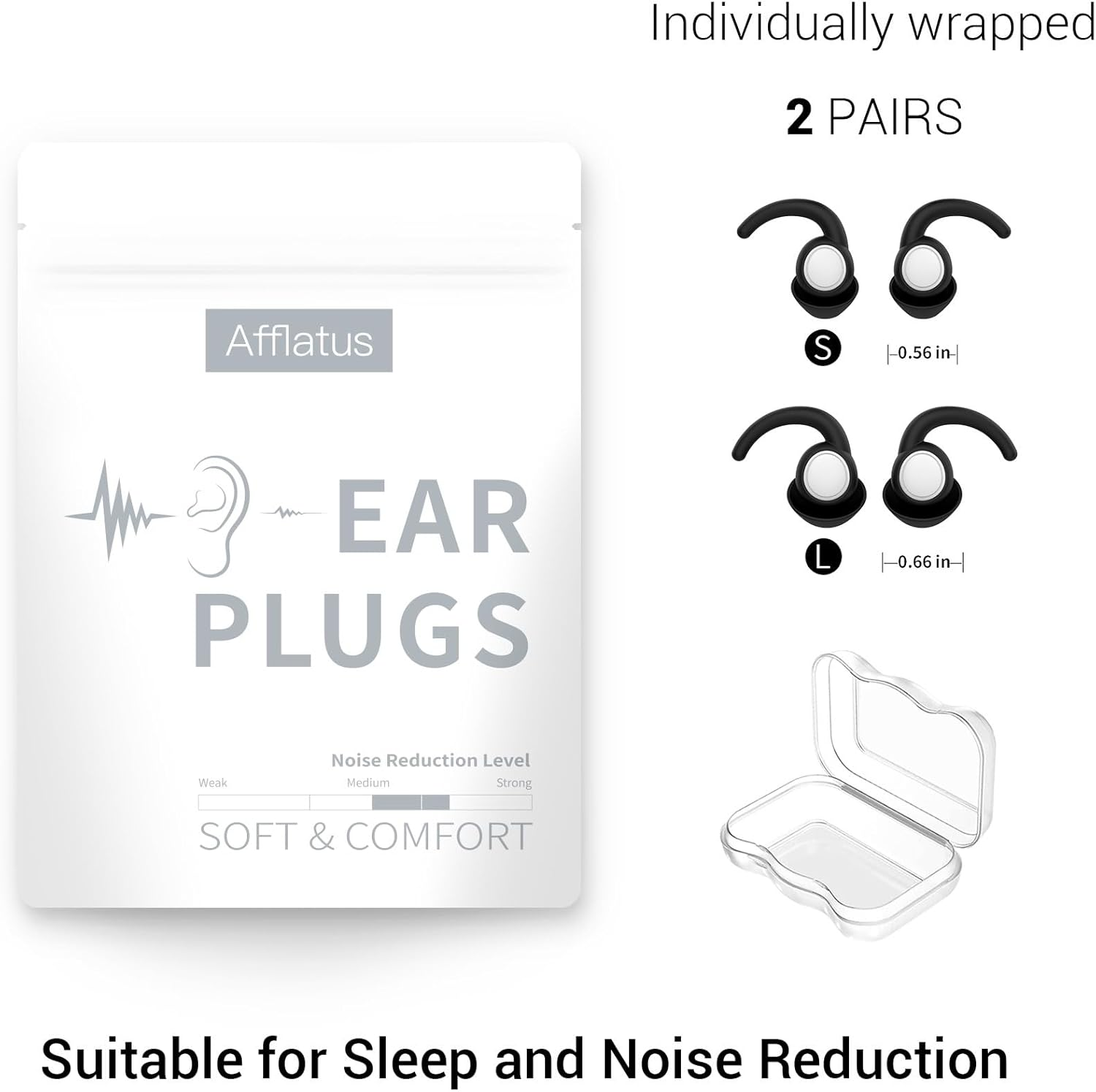 Afflatus Ear Plugs for Sleep, 2 Pairs(S+L) in Delicate Giftbox, Comfortable Noise Reduction Earplugs for Sleeping, Concerts, Noise Canceling, Snoring, Reusable Sillicone image number 1