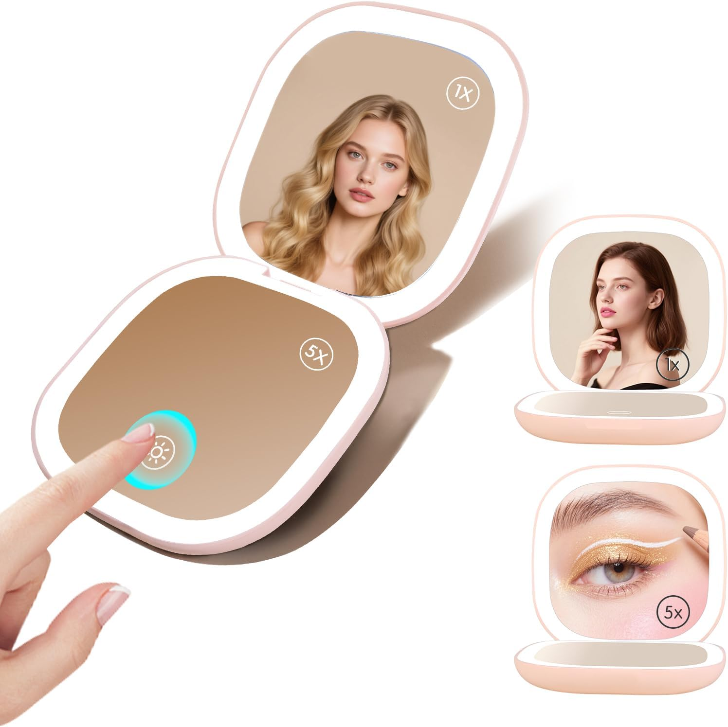 Comfycottage LED Lighted Travel Makeup Mirror Rechargeable USB Portable Compact Mirror with 5X Magnification, Double-Sided Touch Sensor, 3 Adjustable Modes, Handheld/Pocket Mirror for Women (Pink) image number 2