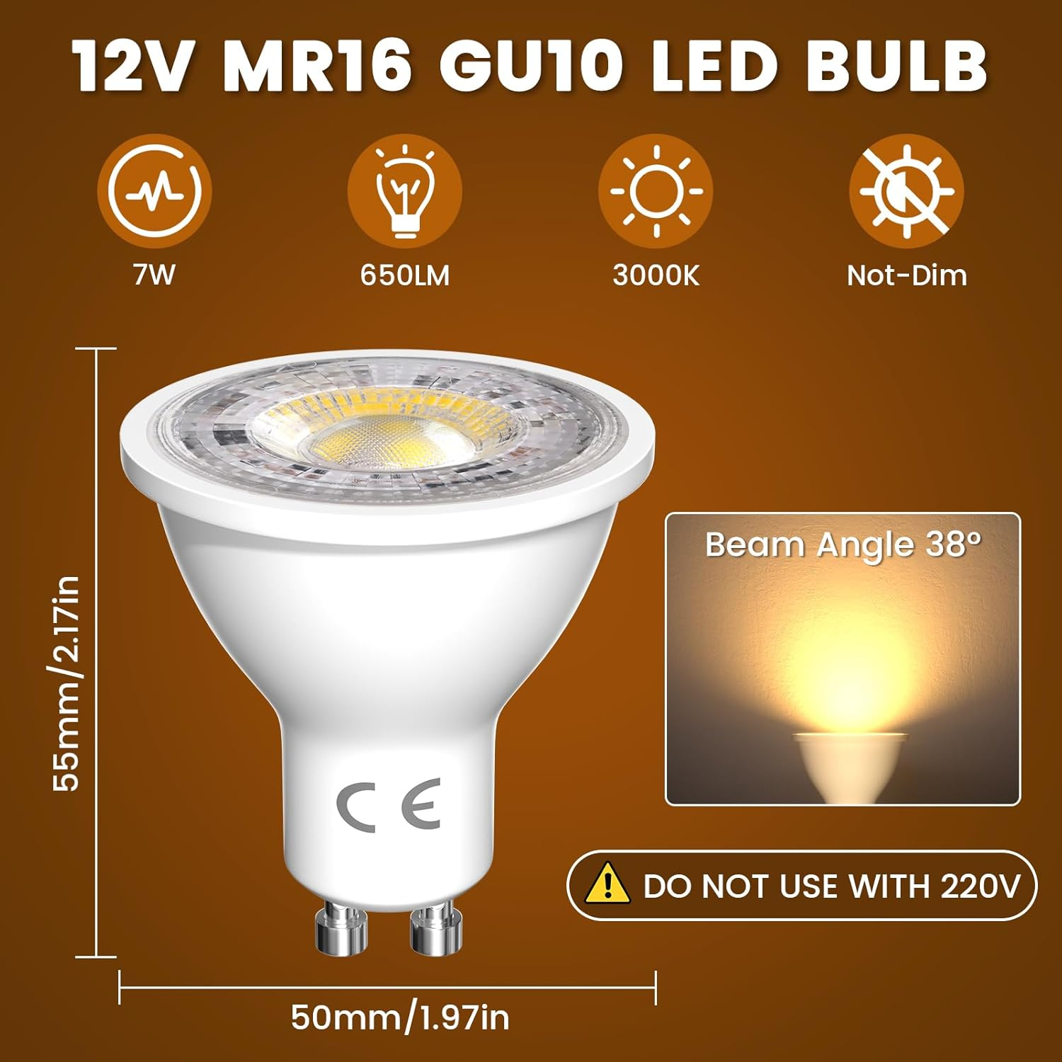 Doright 7W GU10 LED Bulbs Warm White, AC/DC 12V GU10 LED Spotlight Bulb 650Lm 50W 70W MR16 GU10 Halogen Bulbs Equivalent 3000K Warm White GU10 LED Bulbs - 38&deg;Beam Angle Spot - Not-Dimmable 4 Pack image number 3