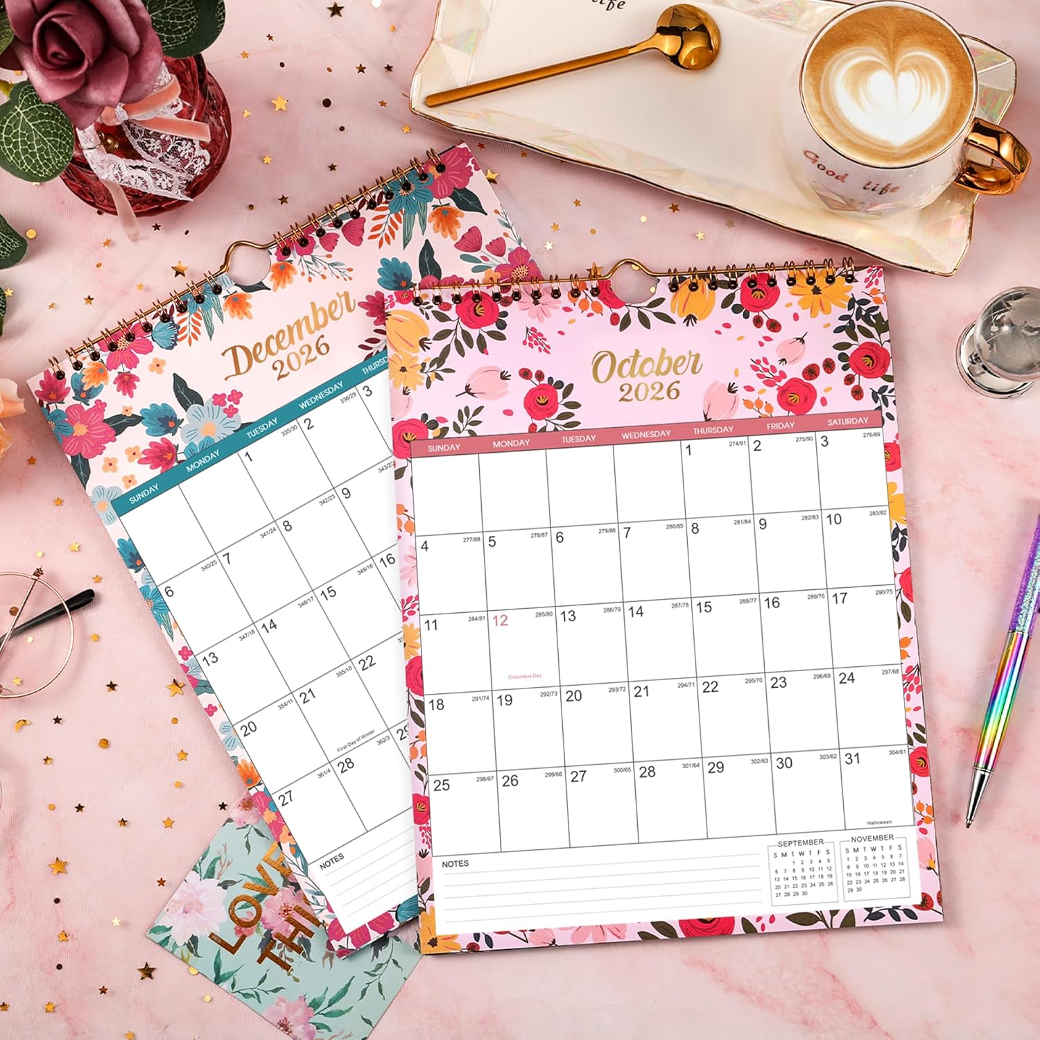 2026 Calendar - JUL 2025 - DEC 2026 Wall Calendar, 18 Month Wall Calendar 2026, 8.5" X 11", Twin-Wire Binding + Hanging Hook + Large Blocks with Julian Dates, Perfect Calendar for Organizing - Floral image number 1