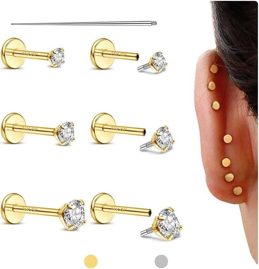 Kakonia Flat Back Earrings Studs - 14K Gold Filled Internal Thread 18G 16G Piercing Jewelry for Cartilage Helix Tragus Hypoallergenic Labret Lip Conch Nose 316L Stainless Steel Stud for Women Men image number 2