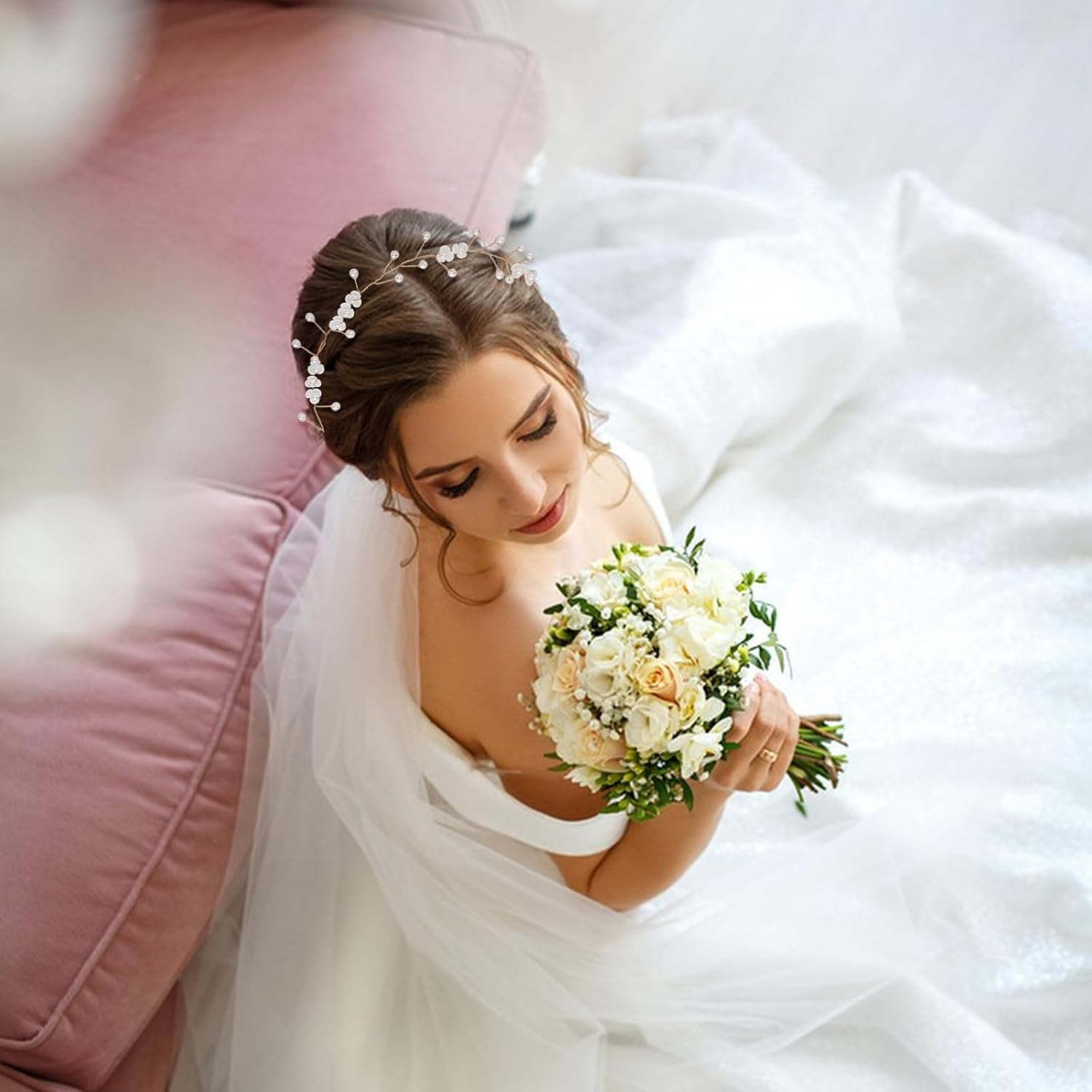 Simsky Flower Wreath Headband for Women, Flower Headband Boho Hair Accessories, Flower Wreath Hair Accessories for Bride & Flower Girls at Wedding & Party, Wedding Ceremony Party (Gold) image number 2