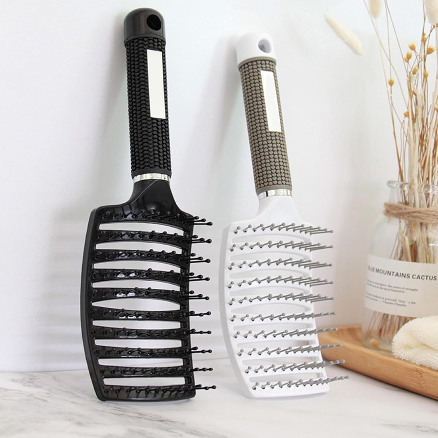 2 Pcs Hairbrush, Magical Brush Curved and Vented Bristle Nylon Hairbrush (Black White) image number 1
