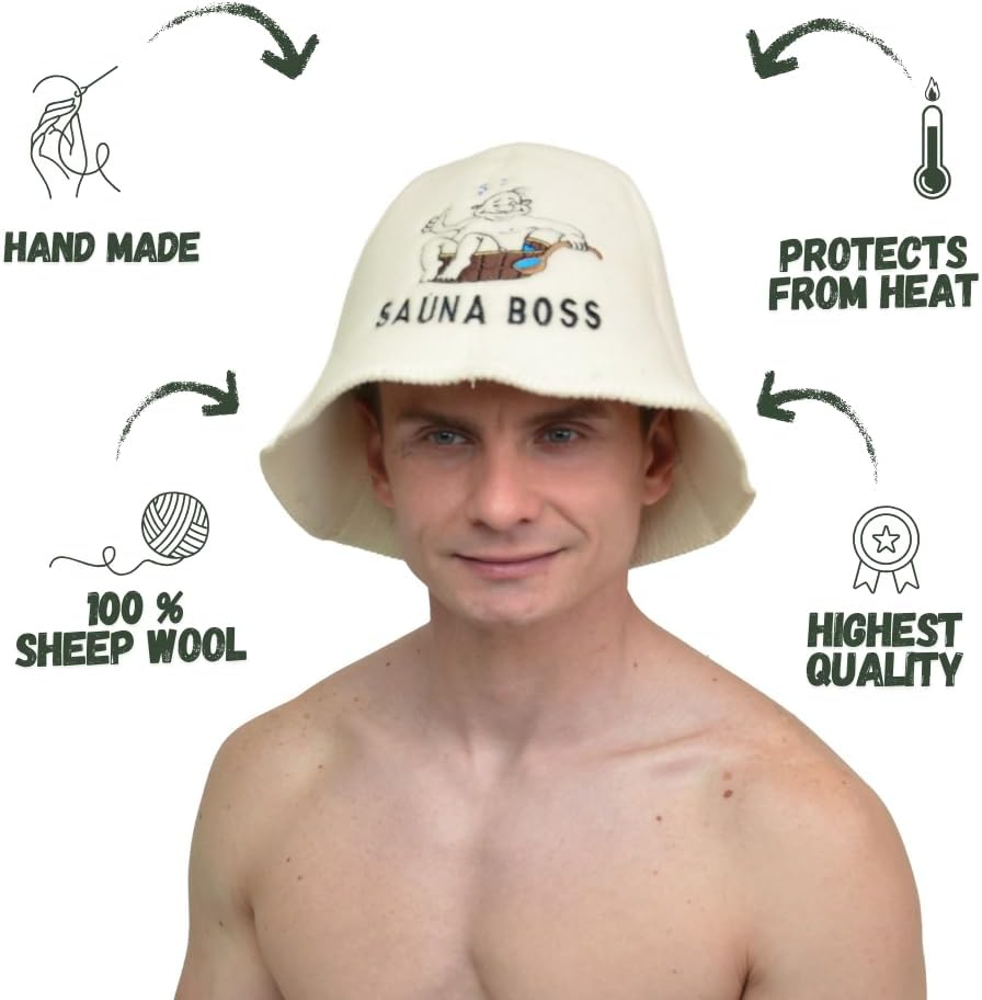 Natural Textile Sauna Boss Bucket Sauna Hat White - 100% Organic Wool Felt Hats - Protect Your Head from Heat - English Sauna E-Book Included - with Embroidery image number 2