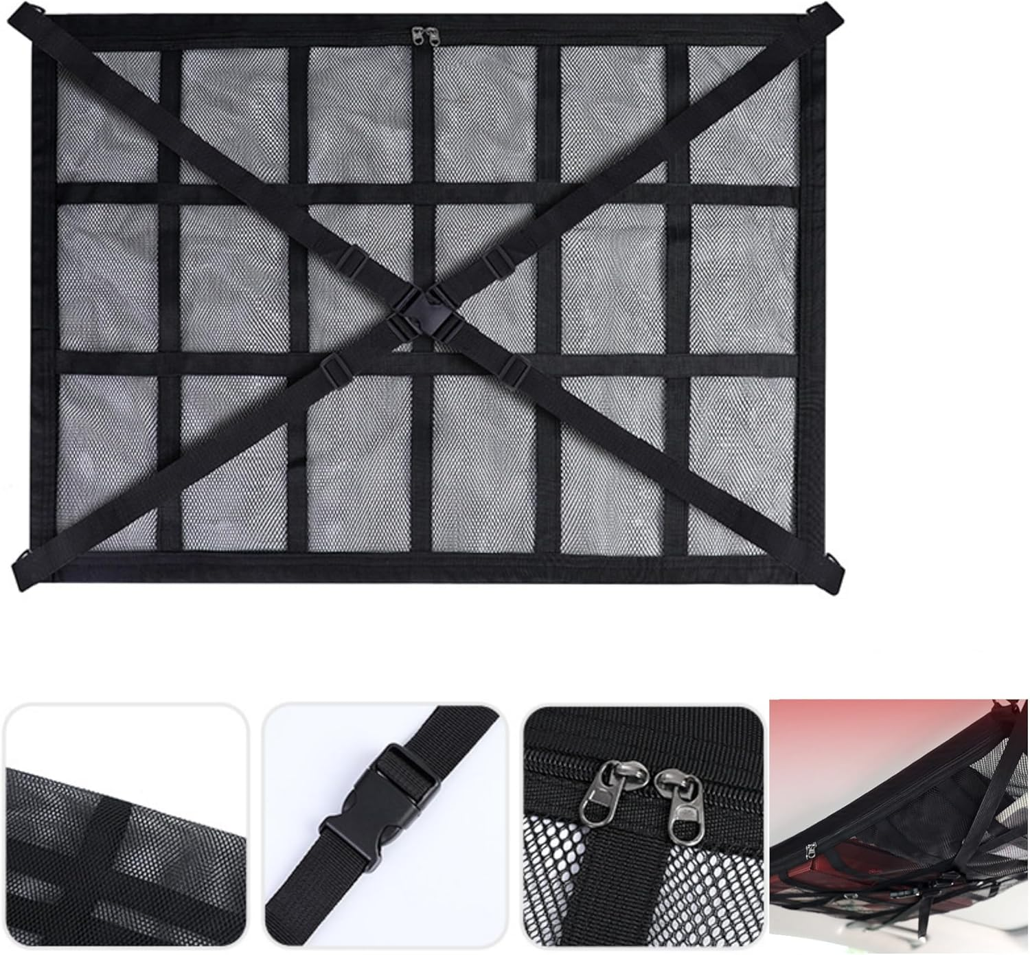 SUV Ceiling Cargo Net Pocket, Adjustable Double Large Car Ceiling Storage Net with 2 Seat Hooks, Mesh Car Roof Organizer Long Trip Storage Bag for SUV Long Trip Camping (Black) image number 2